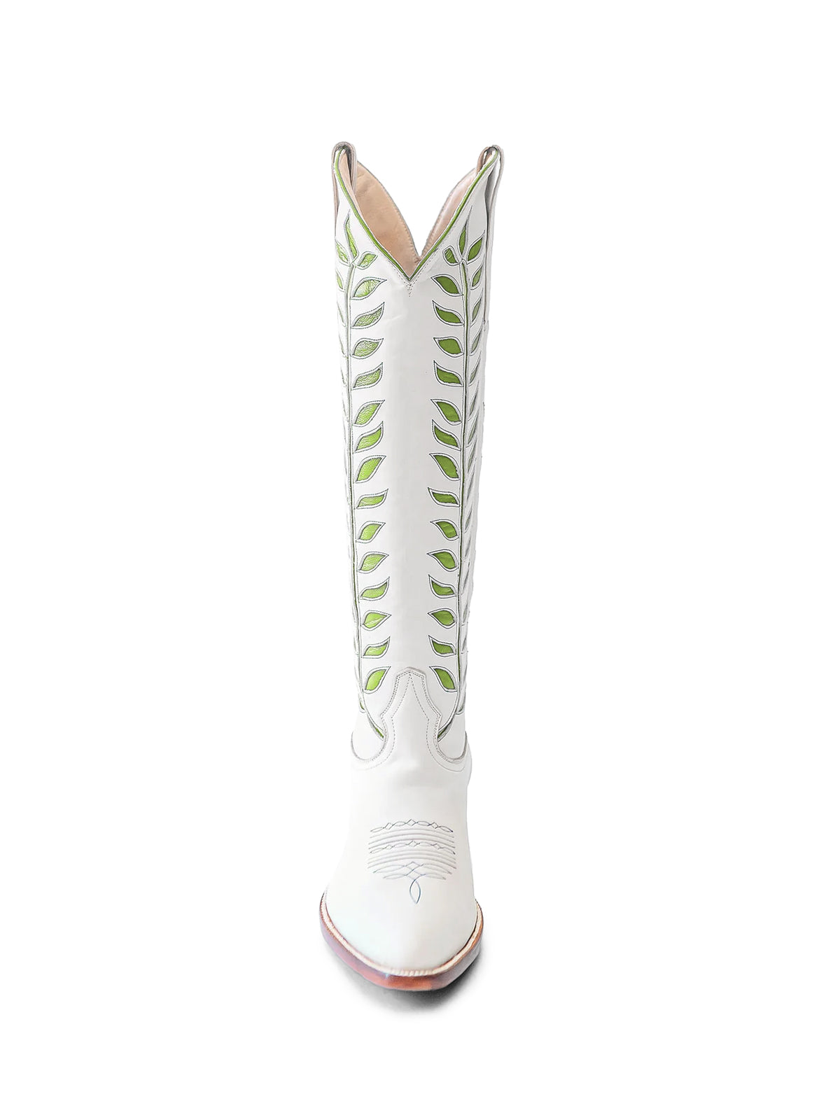 Almond-Toe Green Leaves Inlay Wide Calf Tall Knee High Cowgirl Boots - White