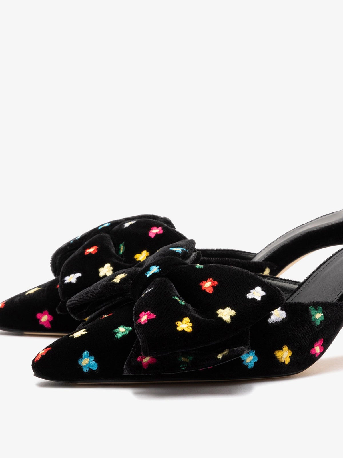 Black Velvet Pointed-Toe Flowers Embroidery Big Front Bow High Heels