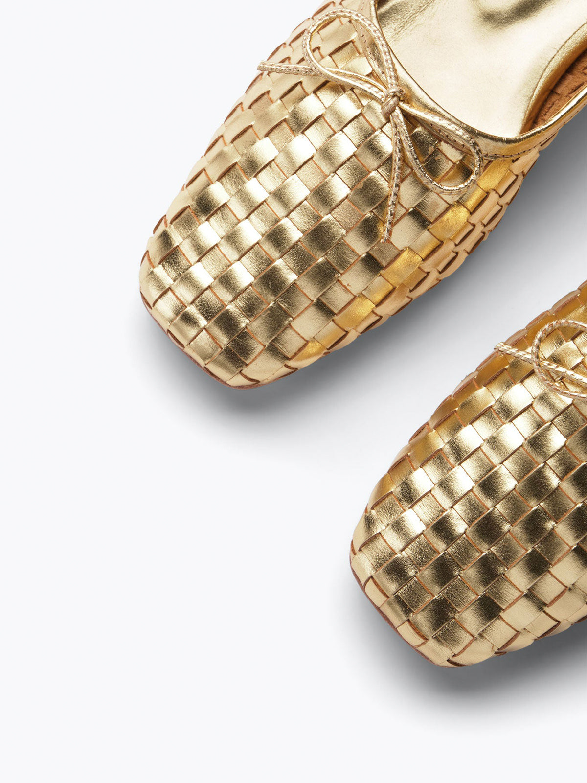Vegan Leather Woven Square-Toe Bow Ballet Flats - Metallic Gold