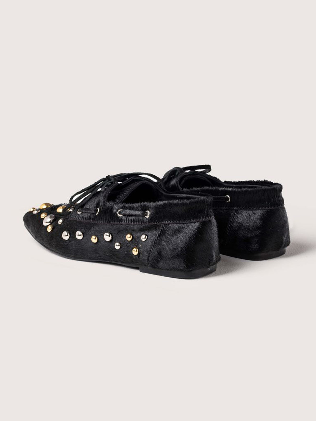 Black Pony Hair Vegan Leather Square-Toe Studs And Bow Flats