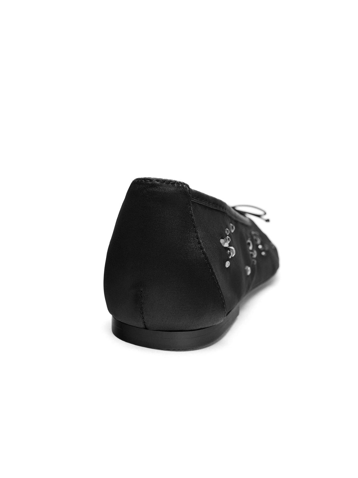 Black Mesh Round-Toe Crystals Ballet Flats With Front Bow