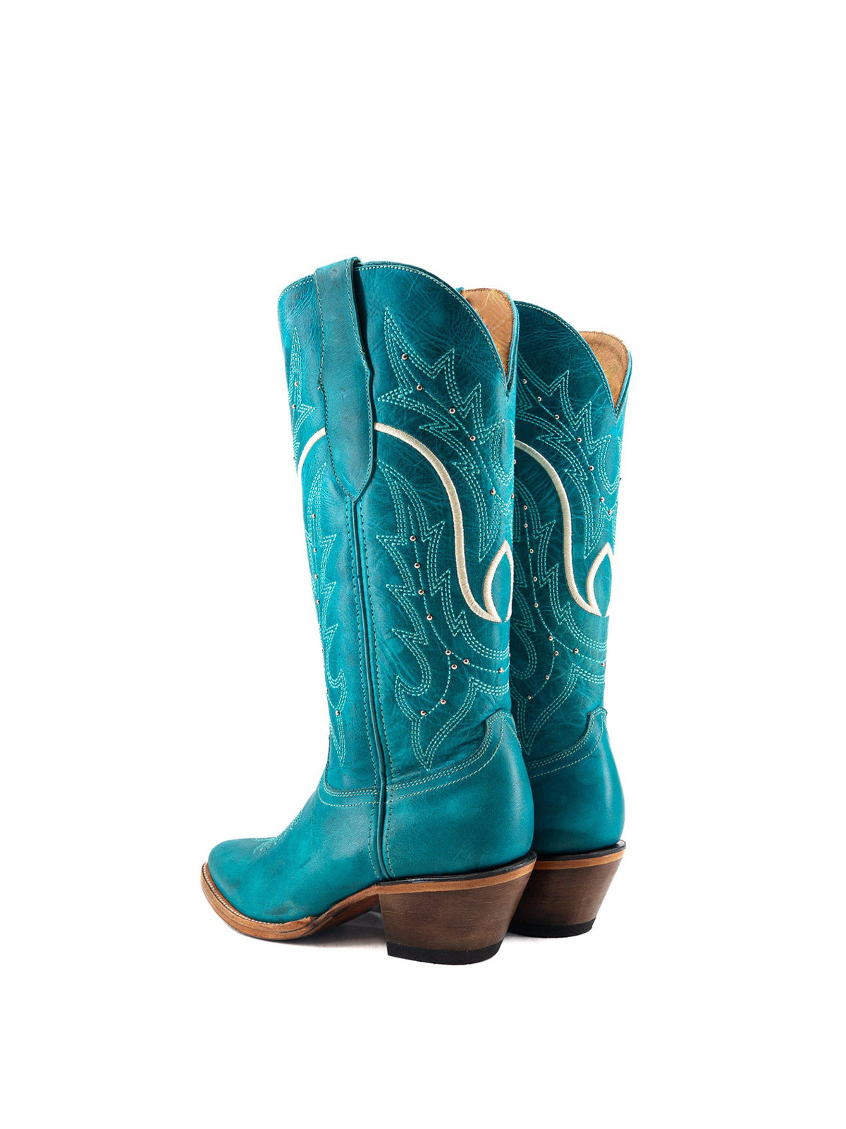 Turquoise Almond-Toe Embroidery With Studs Half-Zip Mid Calf Cowgirl Boots