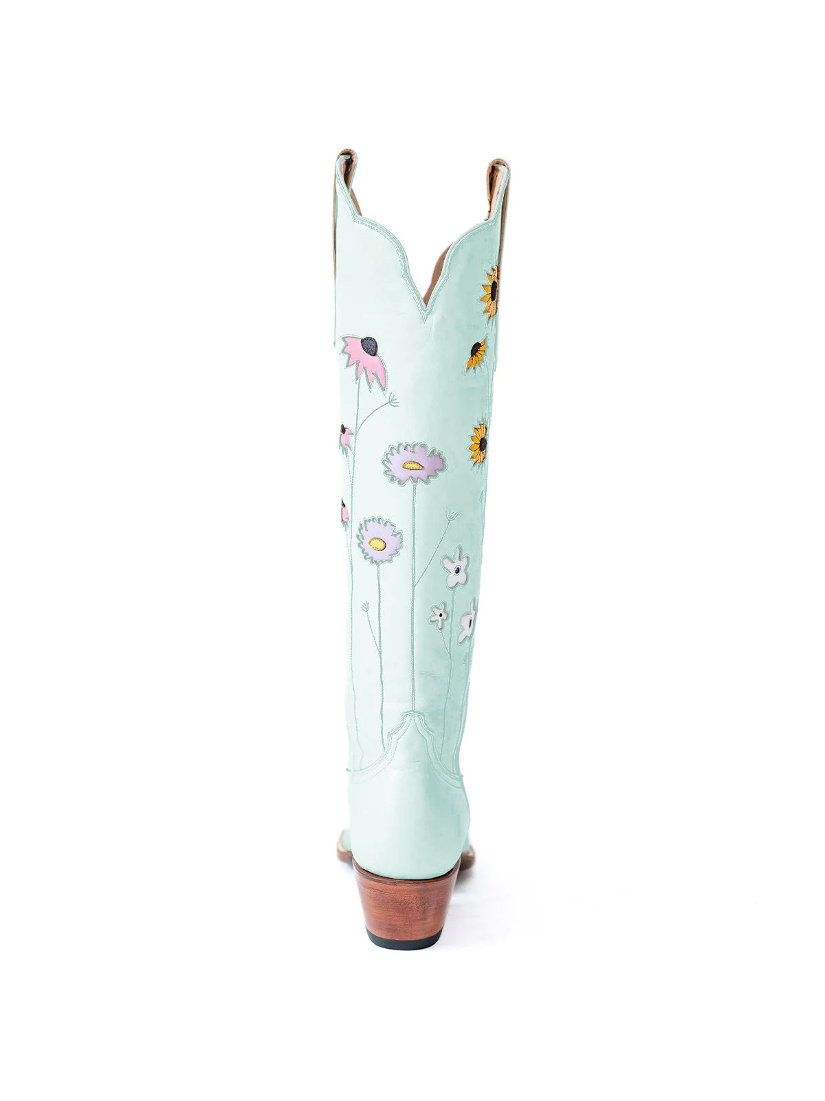 Sky Blue Almond-Toe Colorful Flowers Inlay Wide Calf Knee High Cowgirl Boots