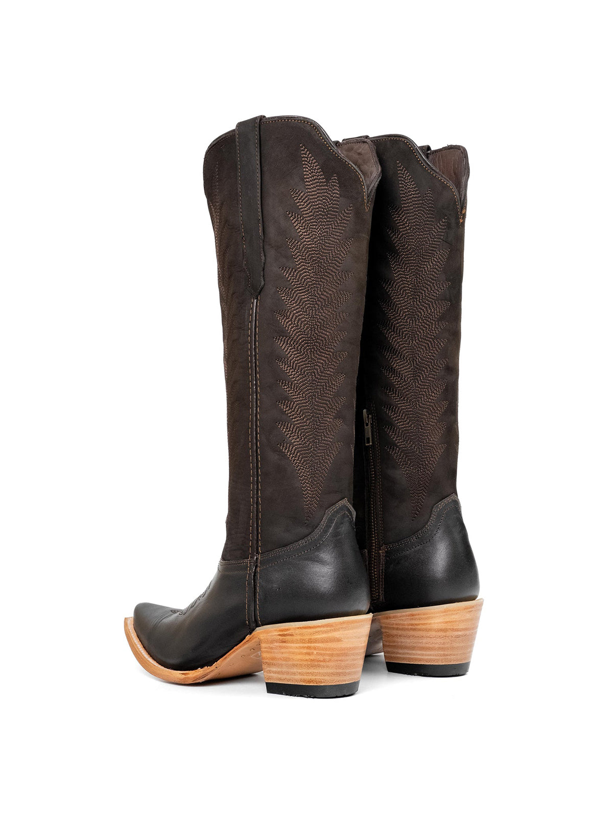 Brown Faux Suede And Vegan Leather Snip-Toe Embroidery Half-Zip Knee High Chic Cowgirl Boots