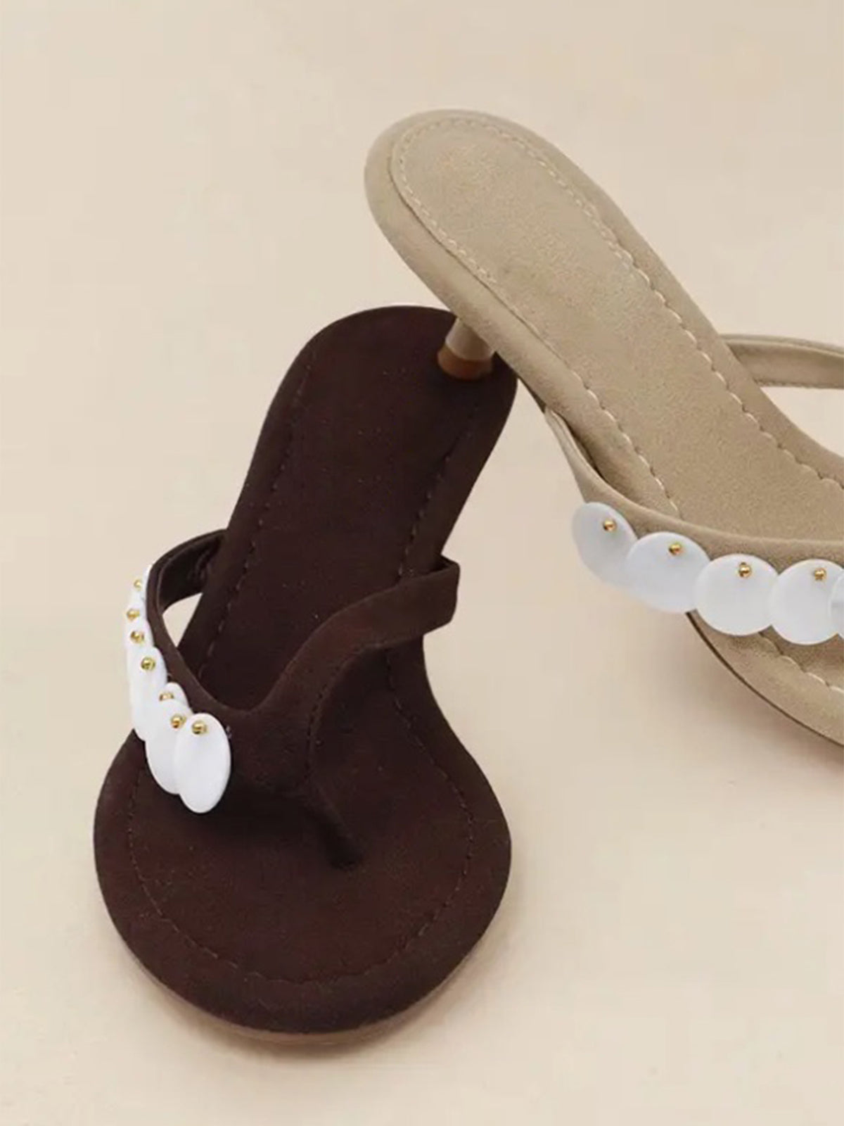Coffee Faux Suede Round-Toe Flip-Flop With Mother Of Pearl Kitten Heels