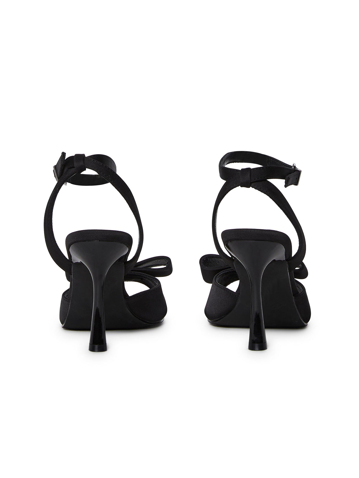 Black Satin Pointed-Toe Front Spiked Bow Ankle Strap High Heels