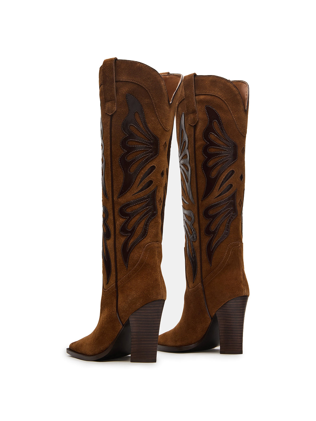 Contrast Brown Faux Suede And Black Pointed-Toe Wings Applique Knee High Cowgirl Boots