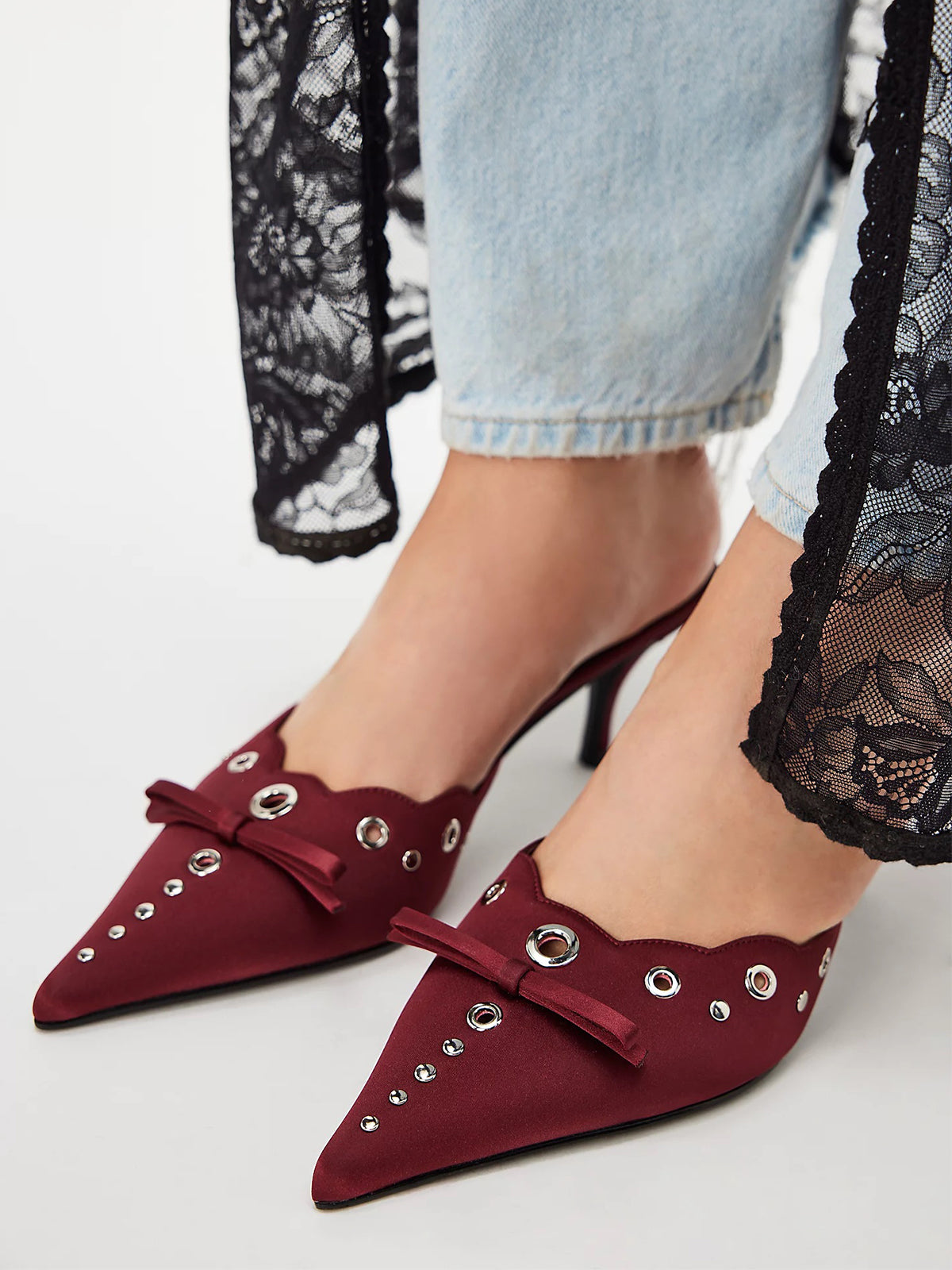 Red Satin Pointed-Toe Front Knot And Studs And Eyelets Kitten Heels