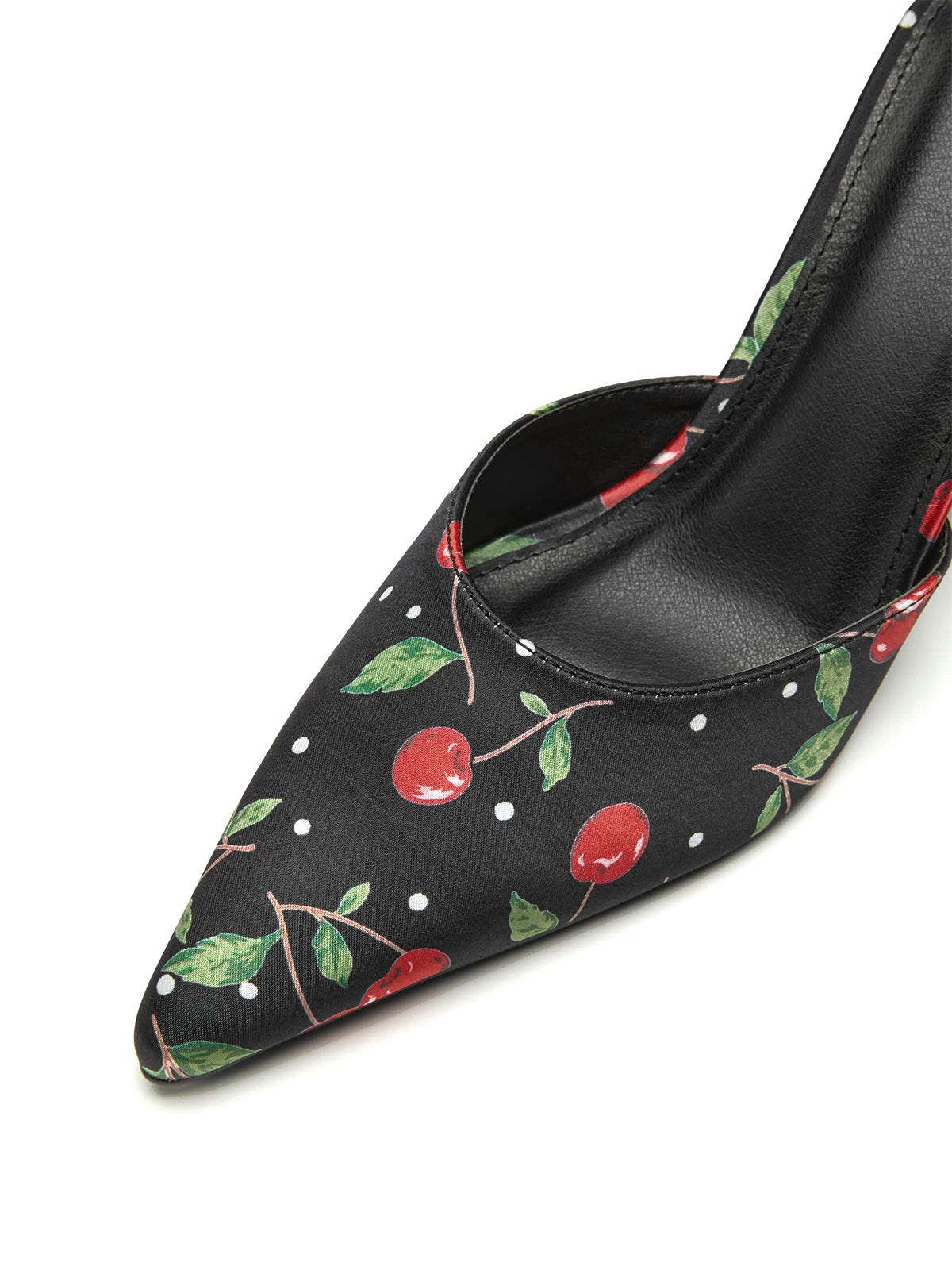 Black Satin Pointed-Toe Cherry Pattern Slip-On High Heels