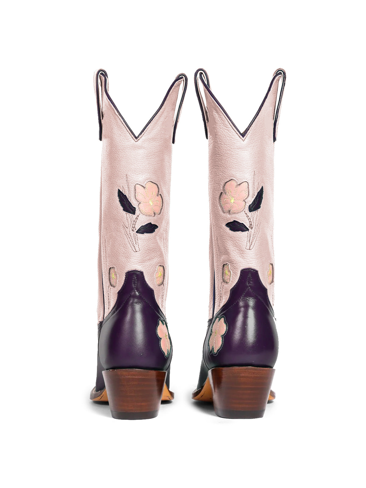 Contrast Pink And Purple Almond-Toe Fresh Flower Inlay Mid Calf Cowgirl Boots