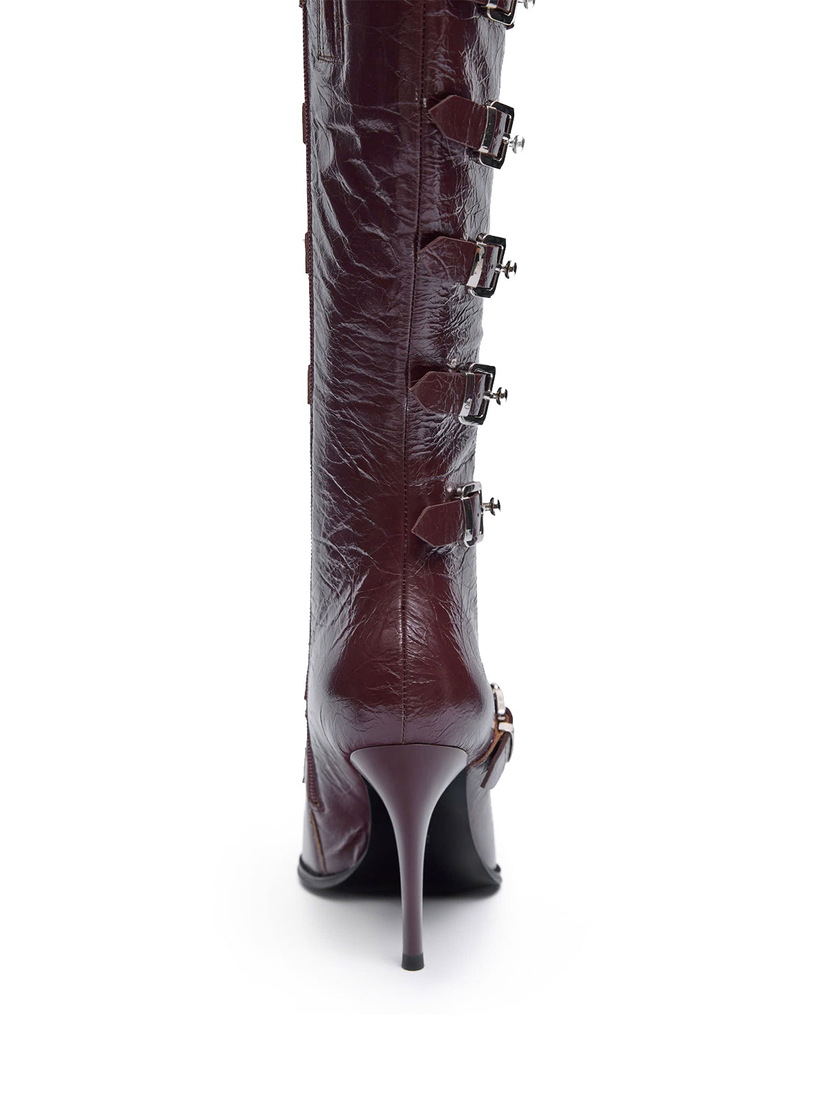 Distressed Wine Red Pointed-Toe Lace-Up Full-Zip Knee High Stiletto Boots With Buckles