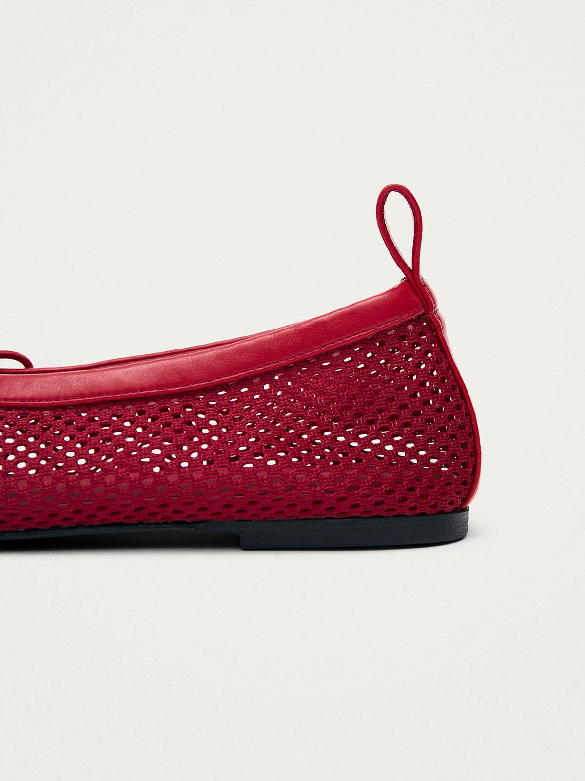 Red Mesh And Vegan Leather Square-Toe Middle Bow Ballet Flats