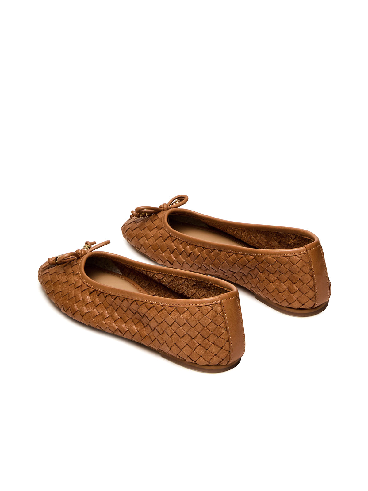 Cognac Vegan Leather Woven Square-Toe Front Bow Slip-On Ballet Flats