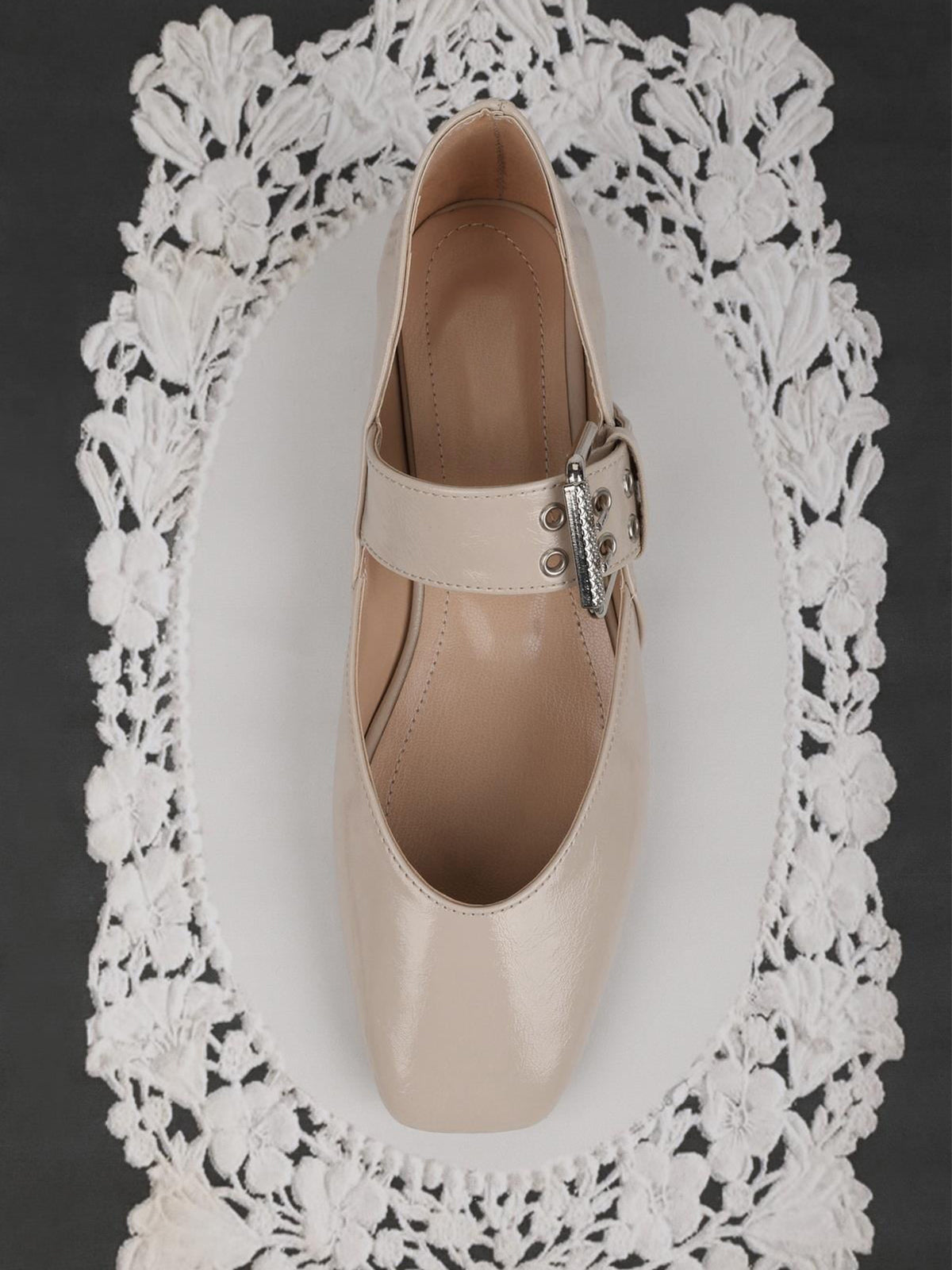 Bone Square-Toe Buckle Bridge Strap With Eyelets Ballet Flats