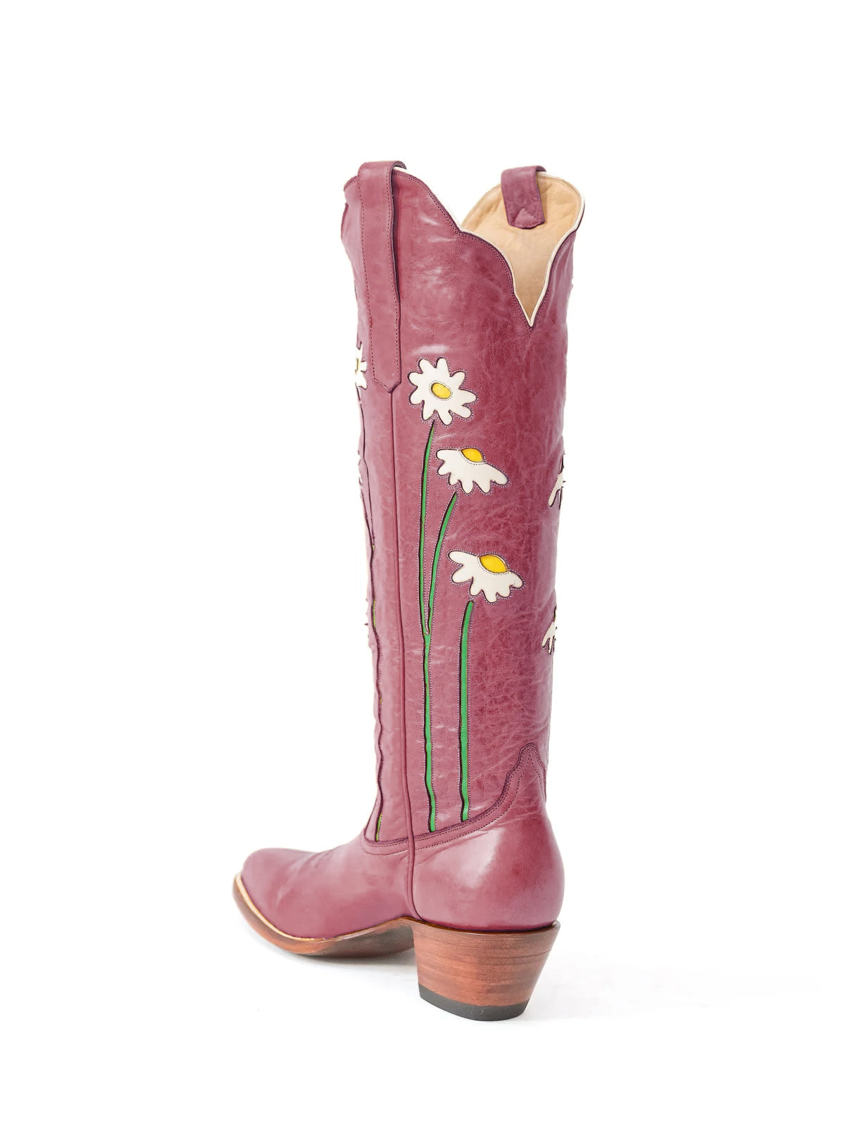 Magenta Almond-Toe Wide Calf Western Boots Knee High Tall Boots With Floral Inlay