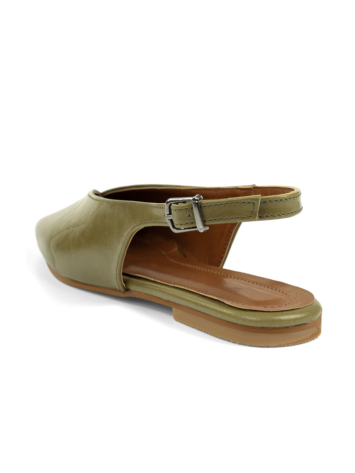 Olive Green Square-Toe Classic Buckle Back Strap Slip-On Flats