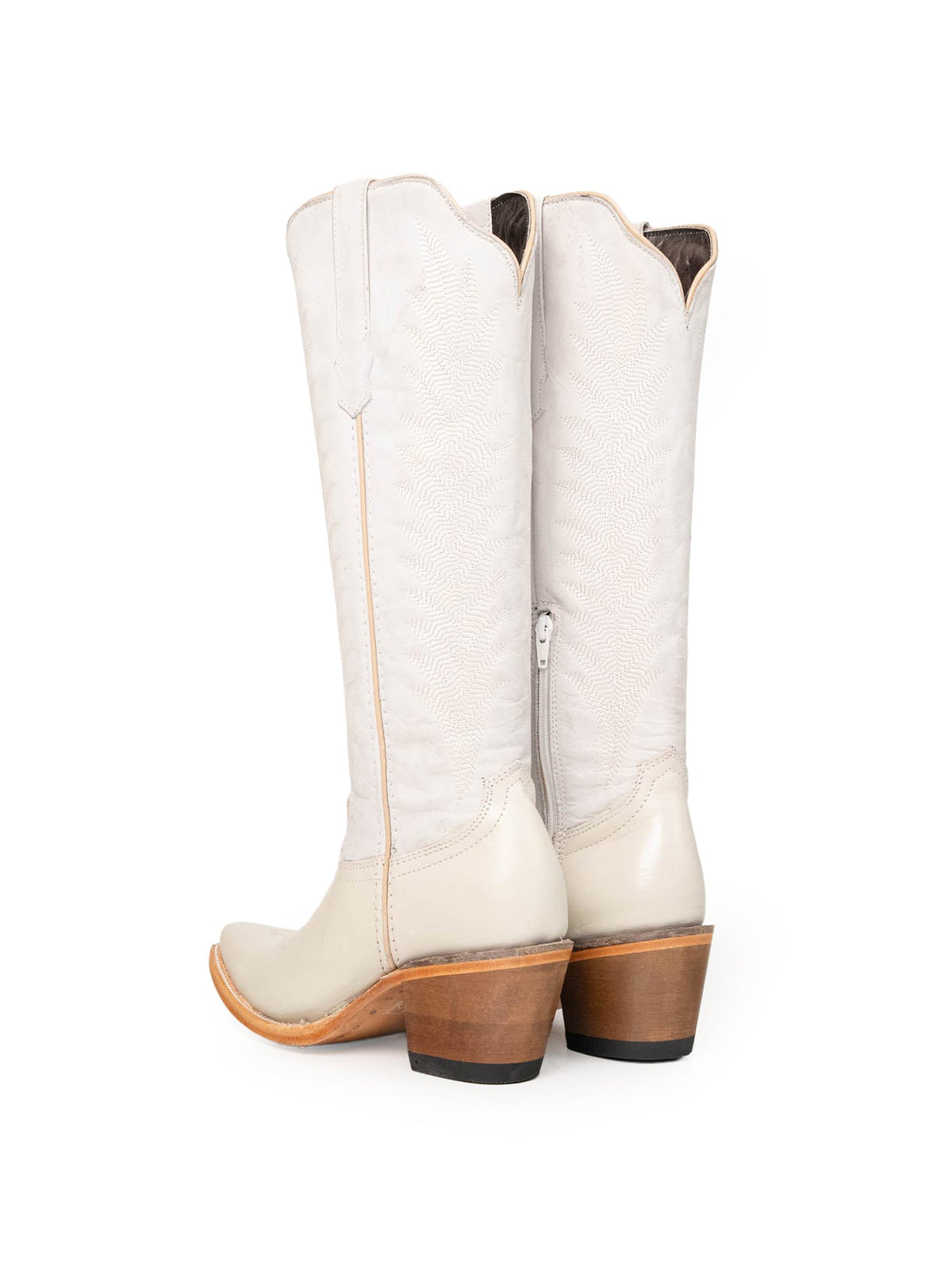 Ivory Vegan Leather Snip-Toe Embroidery Half-Zip Knee High Chic Cowgirl Boots