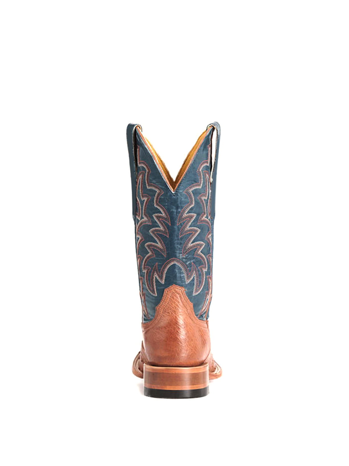 Contrast Blue And Cognac Ostrich Print Square-Toe Embroidery Mid Calf Cowgirl Boots