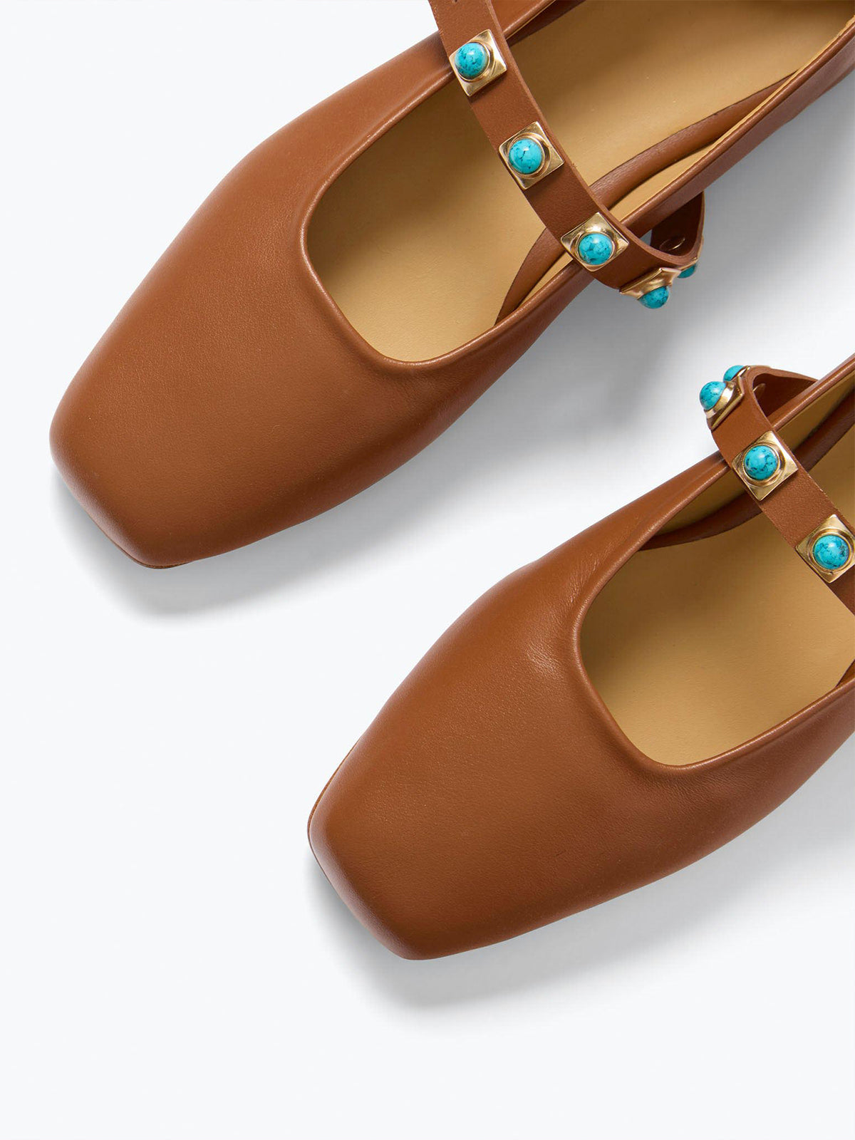 Brown Square-Toe Bridge Strap With Turquoise Stones Mary Jane Flats