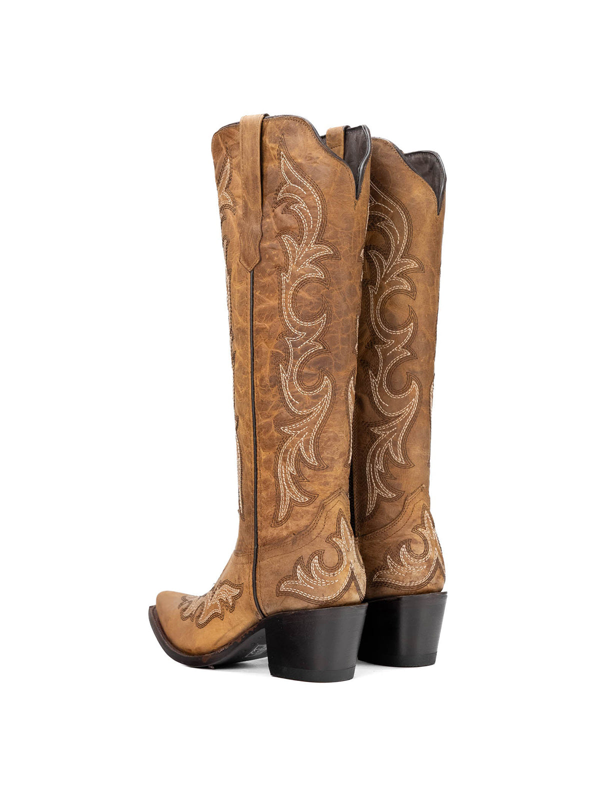 Snip-Toe Chic Embroidery Half-Zip Knee High Cowgirl Boots For Woman - Distressed Tan