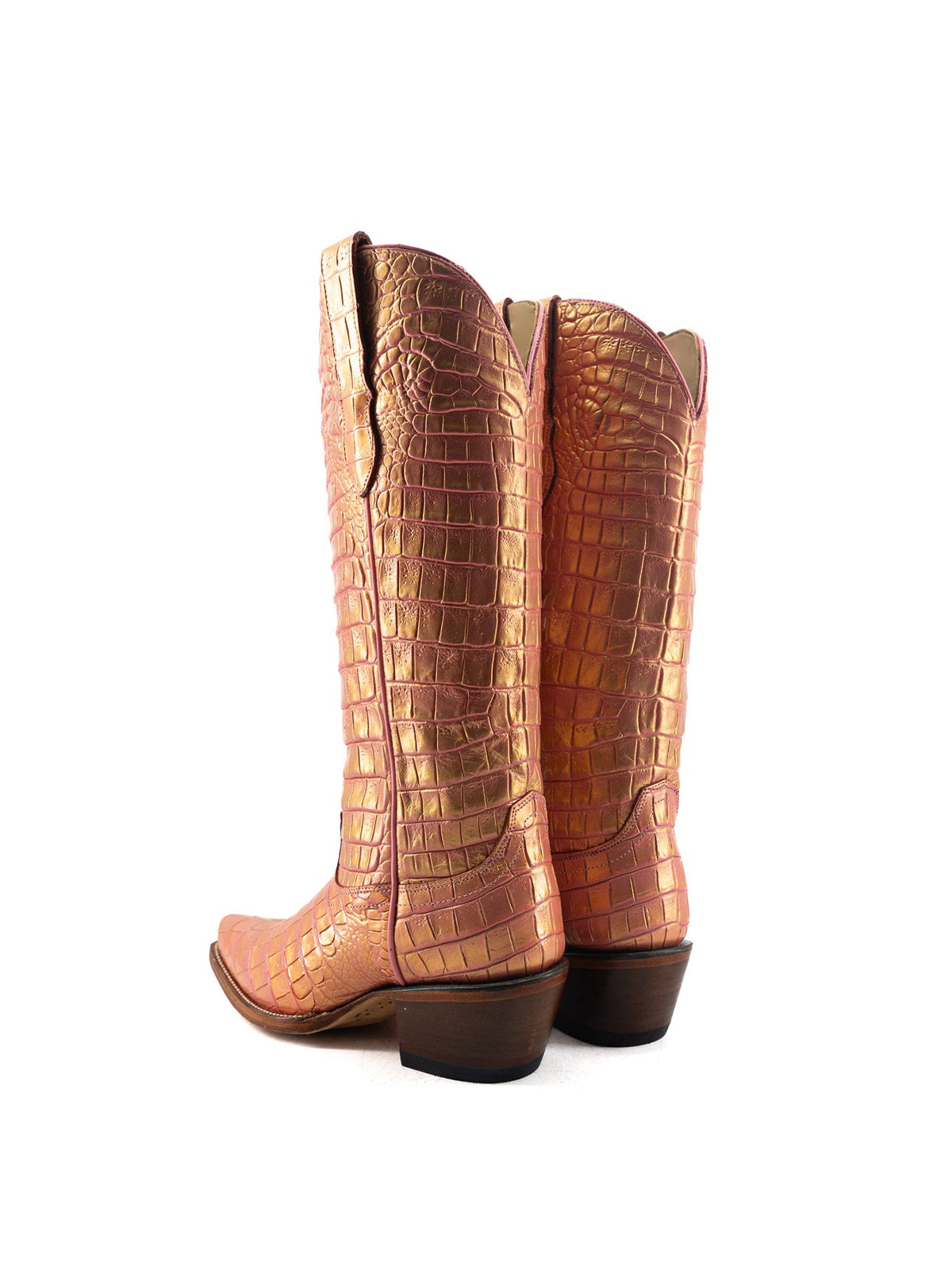 Metallic Pink Crocodile Print Snip-Toe Half-Zip Knee High Cowgirl Boots