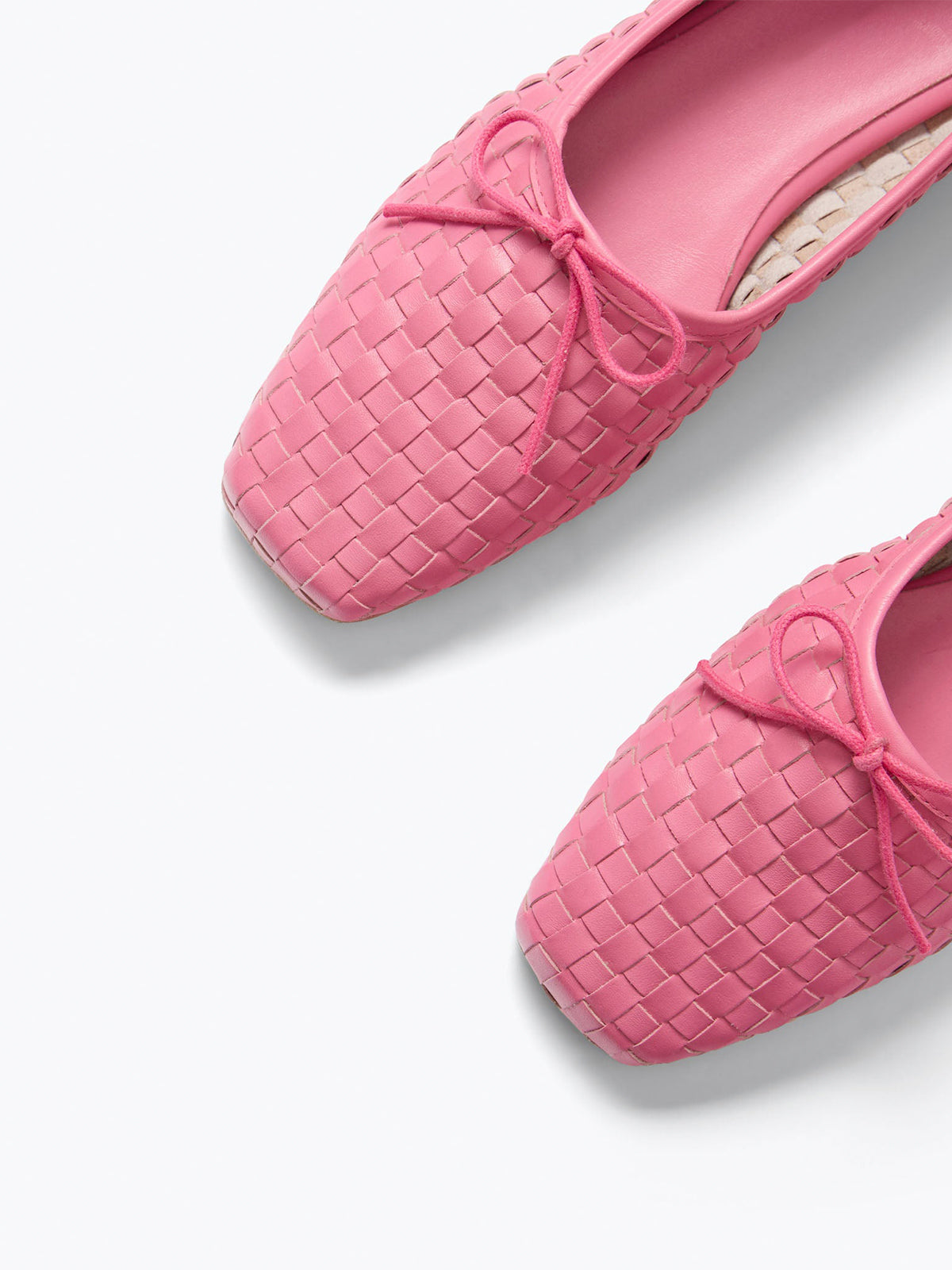 Vegan Leather Woven Square-Toe Bow Ballet Flats - Pink