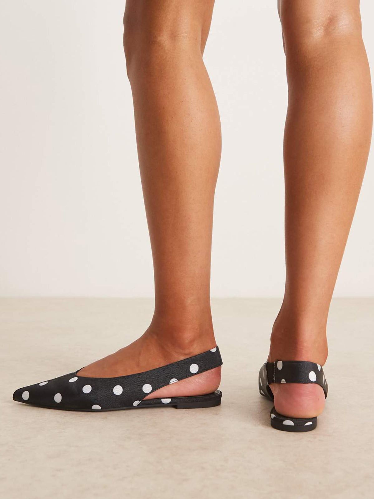 Black Polka Dot Satin Pointed-Toe Elasticated Slingback Strap Flats