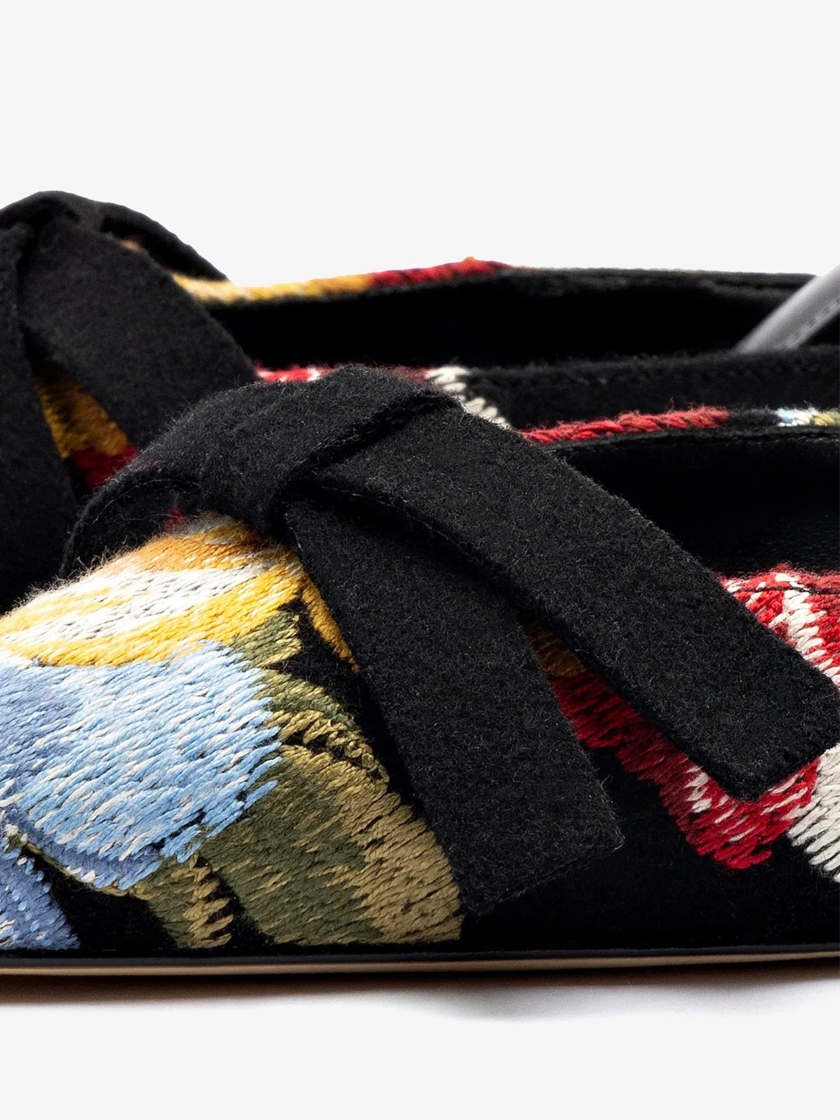 Black Faux Suede Pointed-Toe Big Flower Embroidery Front Bow High Heels