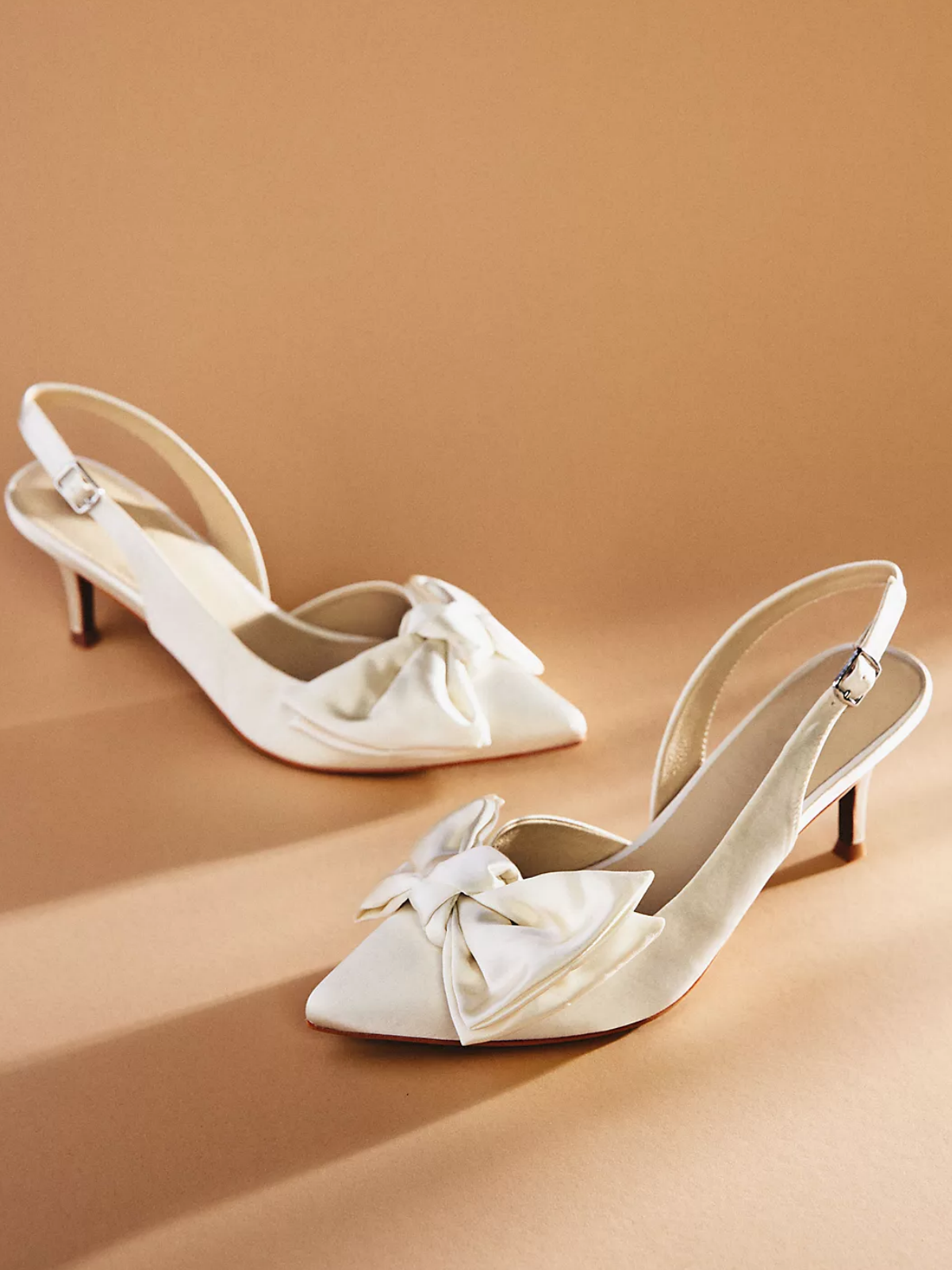 Satin Pointed-Toe Slingback Heels with Bow Detail