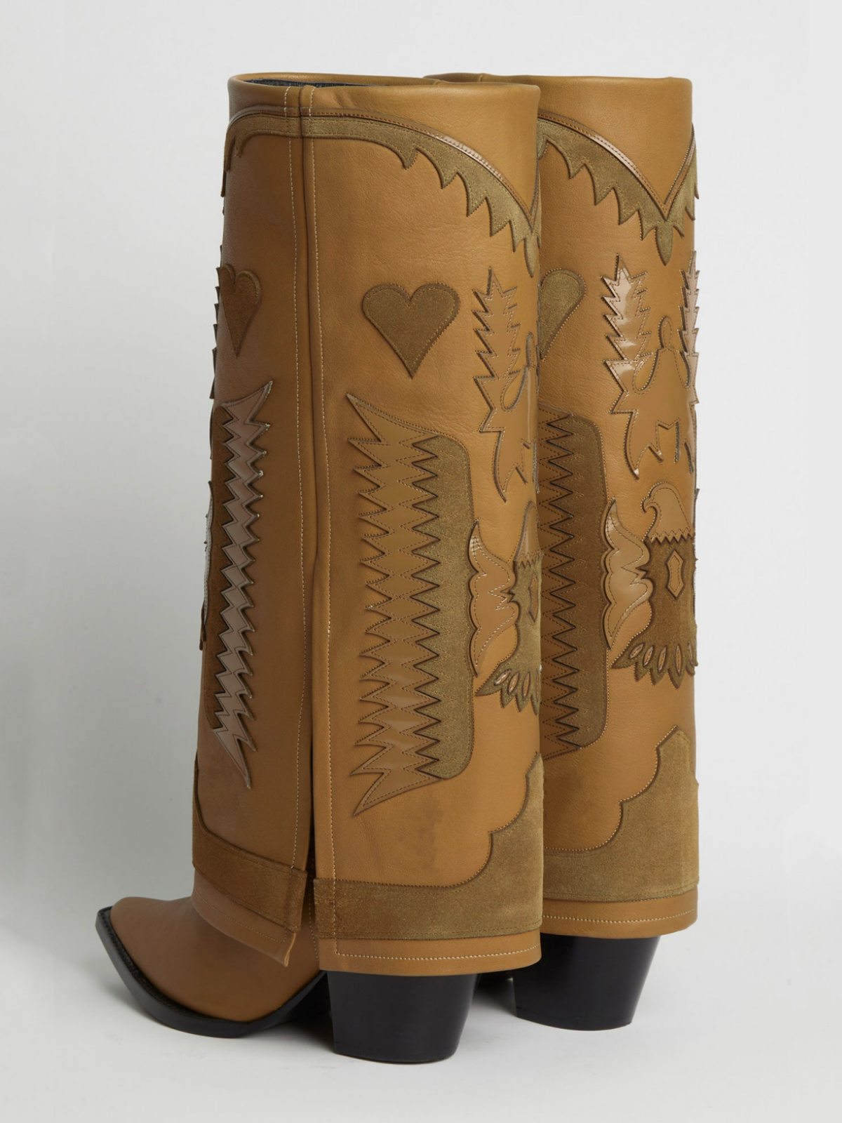 Fold-Over Panel Eagle And Heart Applique Snip-Toe Knee High Boots - Camel