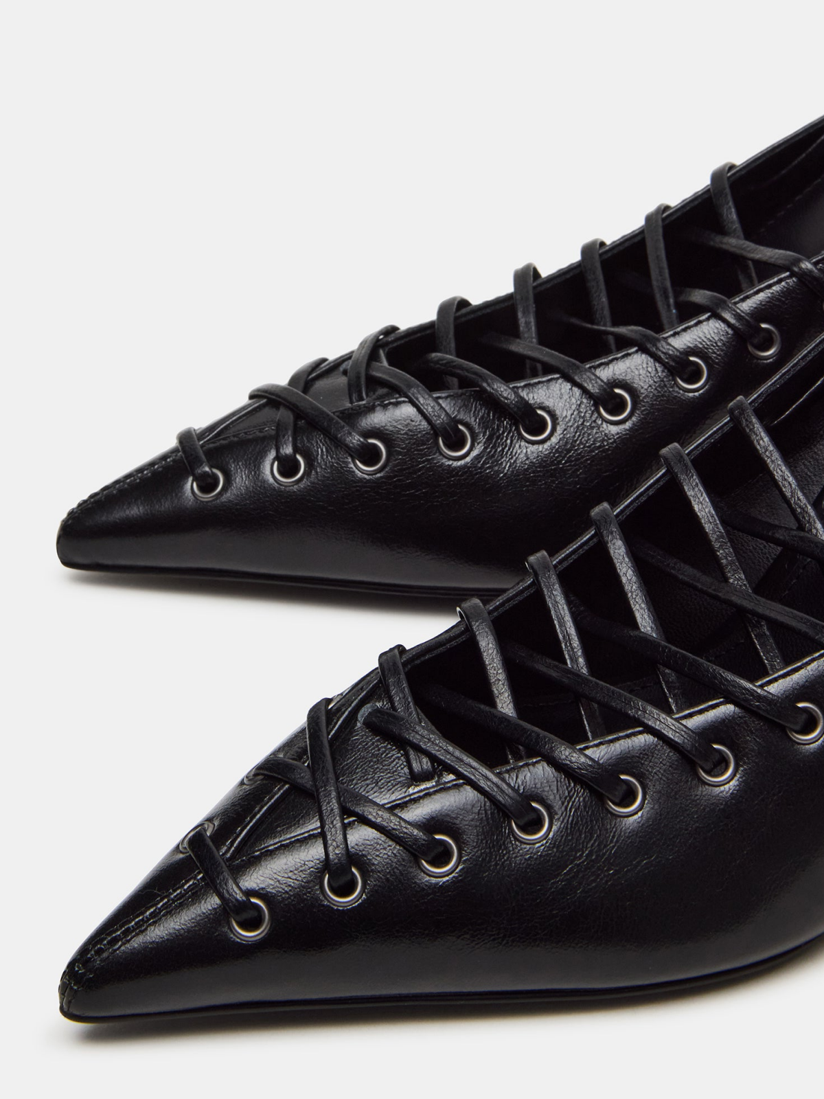 Black Pointed-Toe Lace-Up And Strappy Slingback Pump High Heels