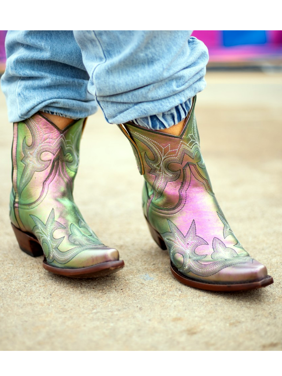 Metallic Snip-Toe Embroidery Full-Zip Cowgirl Ankle Boots - Iridescent Purple