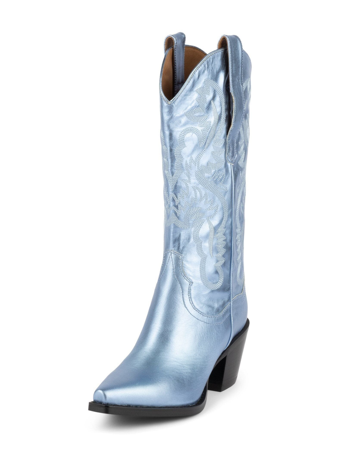 Metallic Light Blue Snip-Toe Western Embroidery Mid Calf Cowgirl Boots