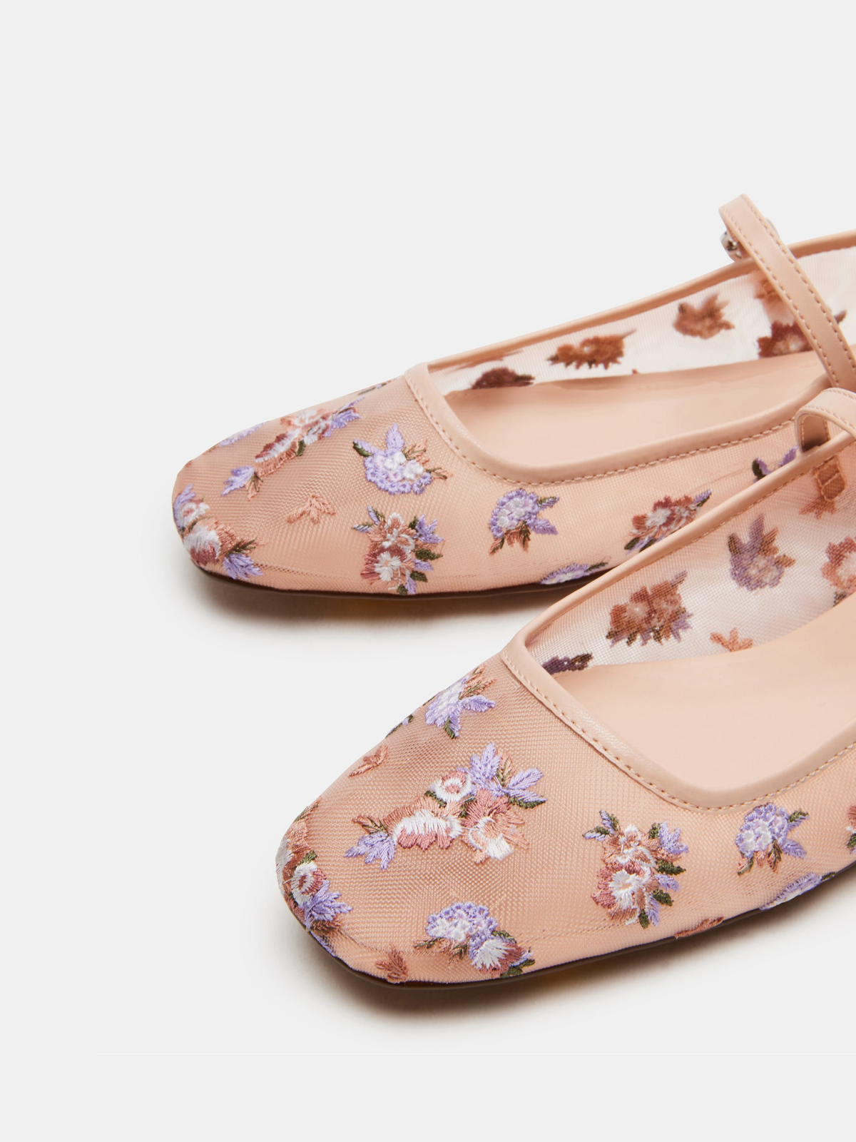 Pink Mesh Square-Toe Floral Embroidery Bridge Strap Ballet Flats