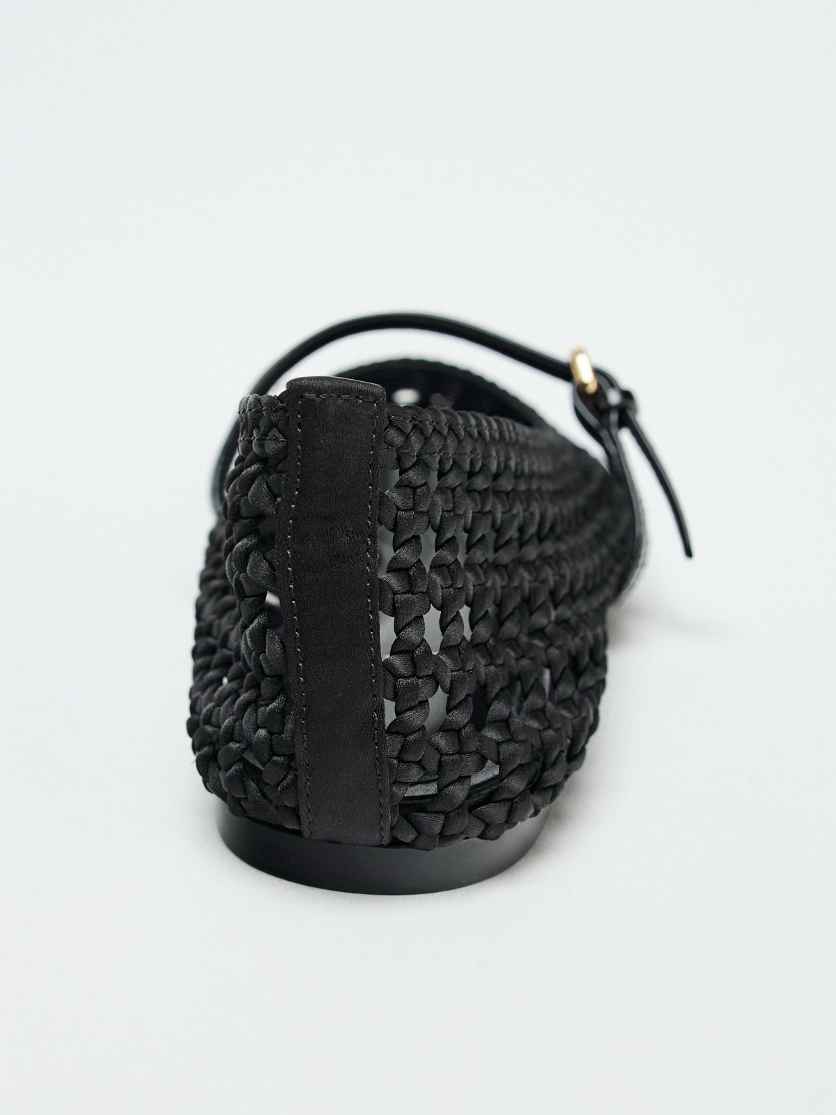 Black Satin Woven Round-Toe Bridge Strap Ballet Flats