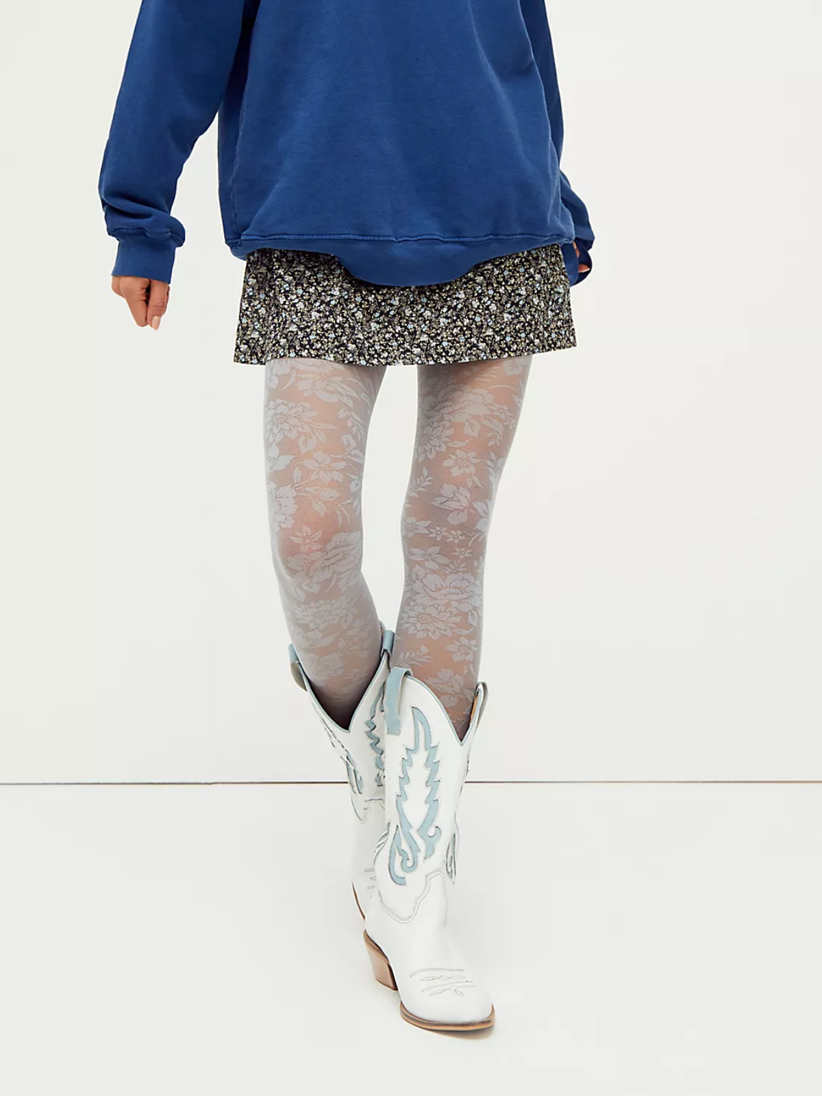 White Almond-Toe Inlay Wide Mid Calf Cowgirl Boots