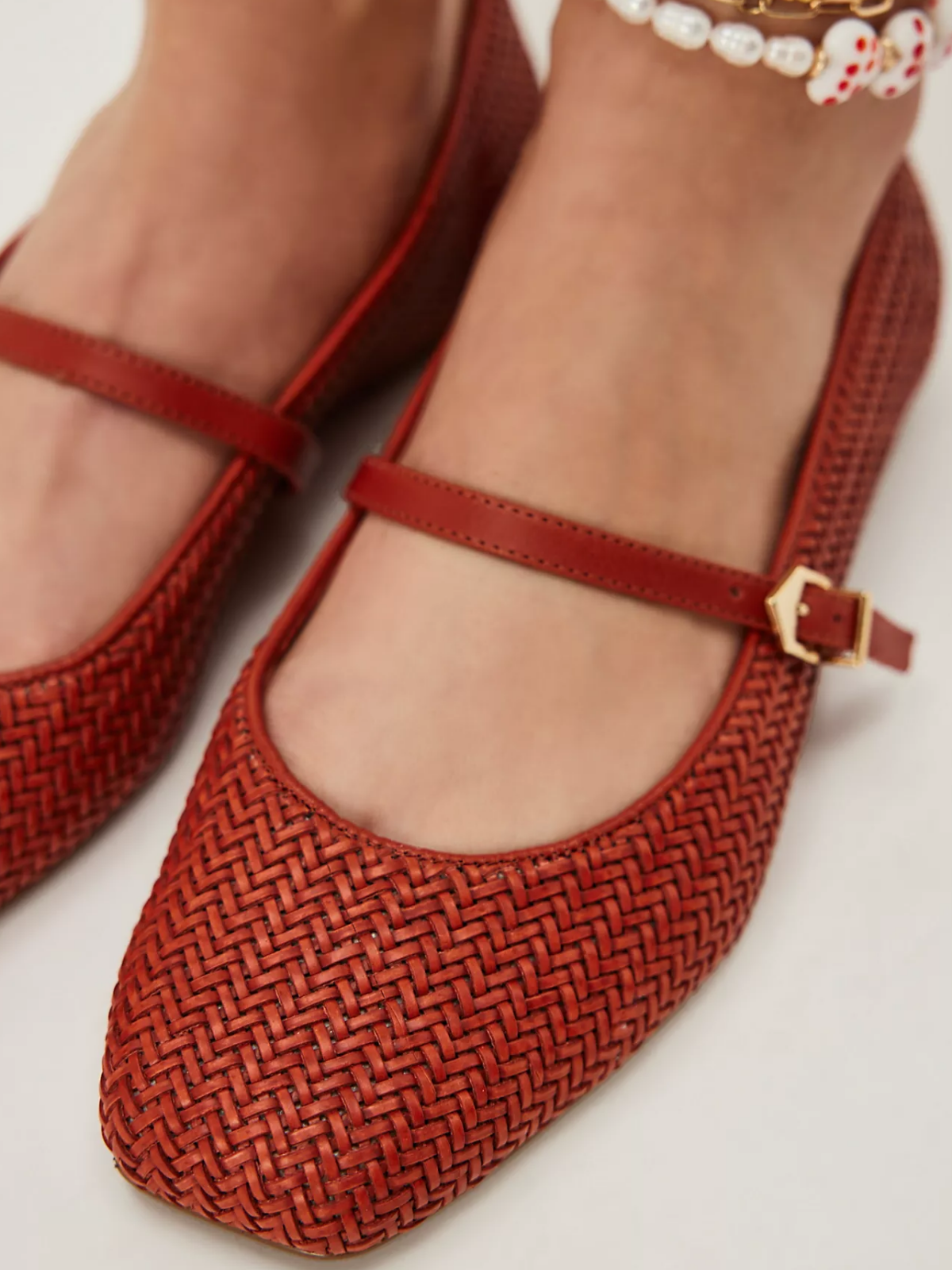 Ochre Woven Vegan Leather Square-Toe Bridge Strap Ballet Flats