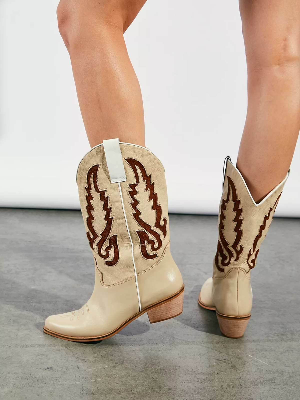 Bone Almond-Toe Inlay Wide Mid Calf Cowgirl Boots