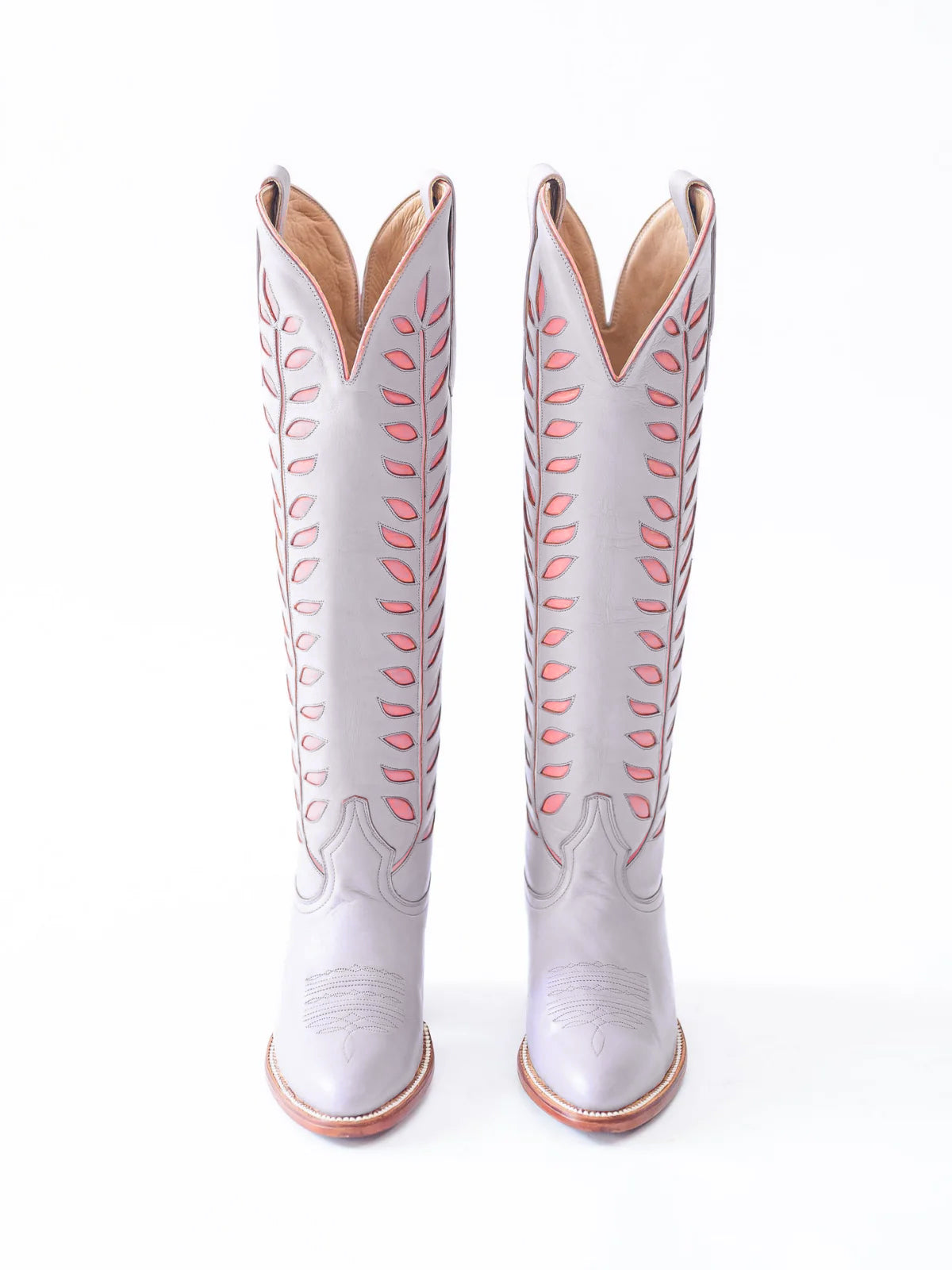 Almond-Toe Pink Leaves Inlay Wide Calf Tall Knee High Cowgirl Boots - Lavender