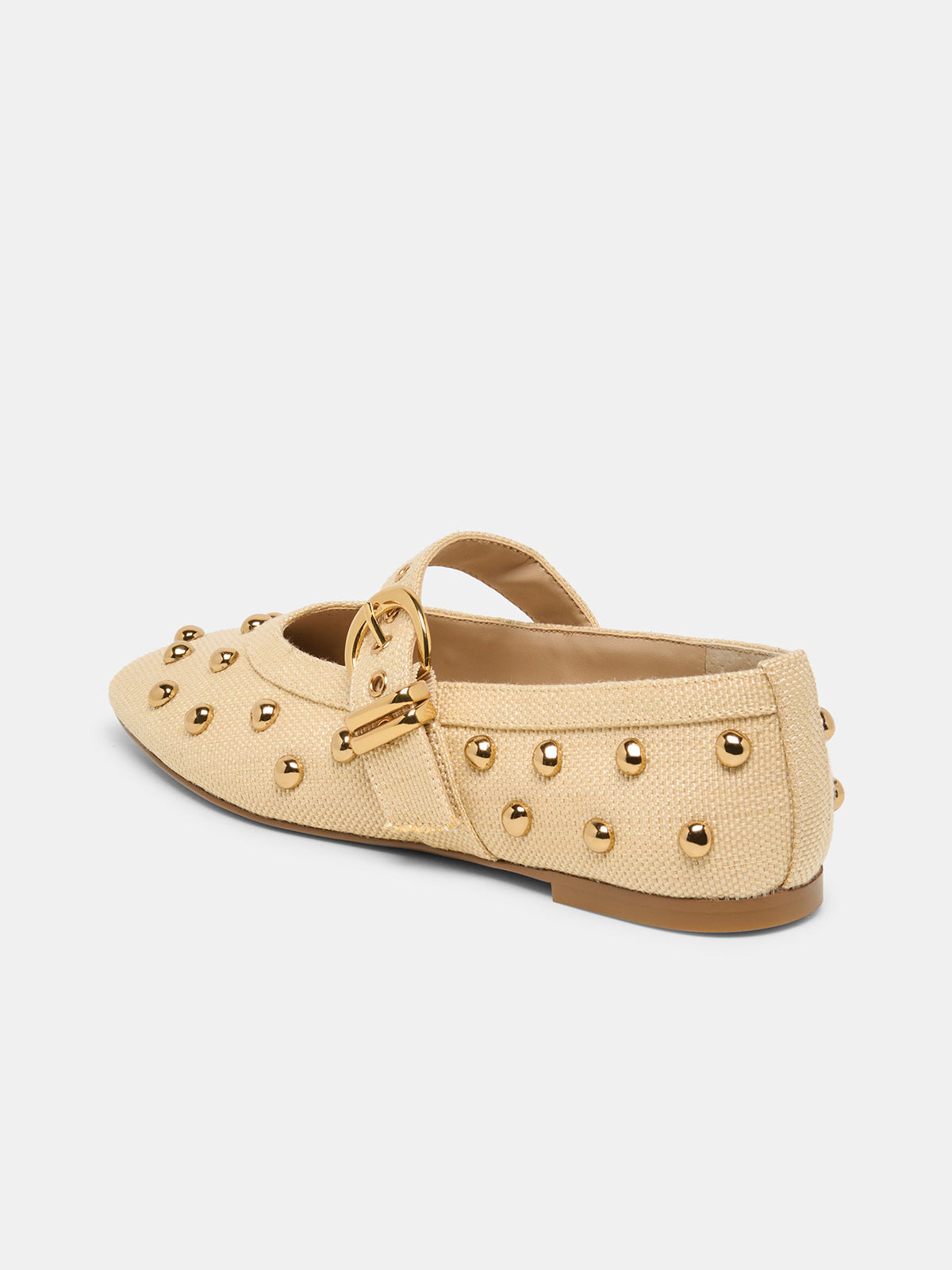Beige Woven Square-Toe Studs And Mary Jane Ballet Flats