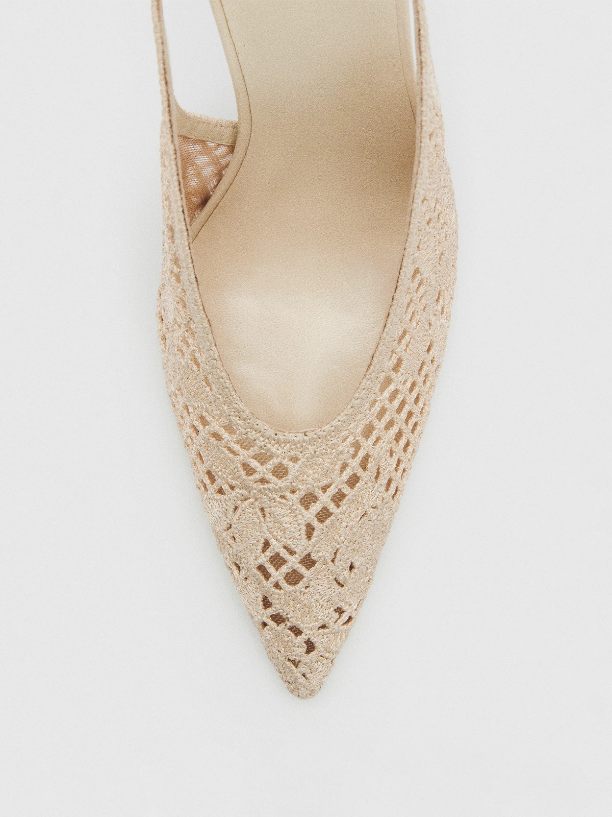Cream Woven And Mesh Pointed-Toe Buckle Back Strap High Heels