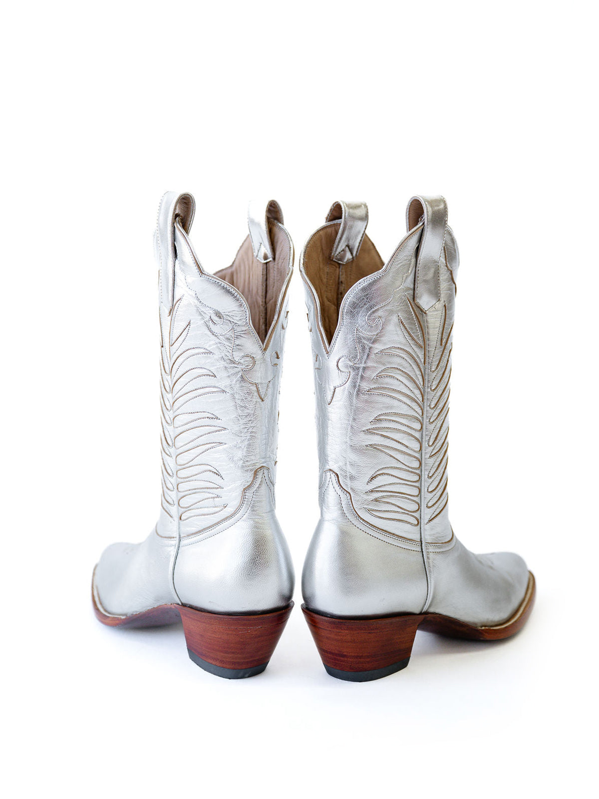 Metallic Silver Almond-Toe Inlay Applique Mid Calf Cowgirl Boots
