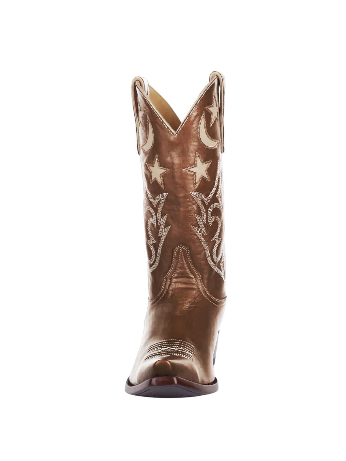 Metallic Bronze Snip-Toe Moon And Star Inlay Embroidery Mid Calf Cowgirl Boots
