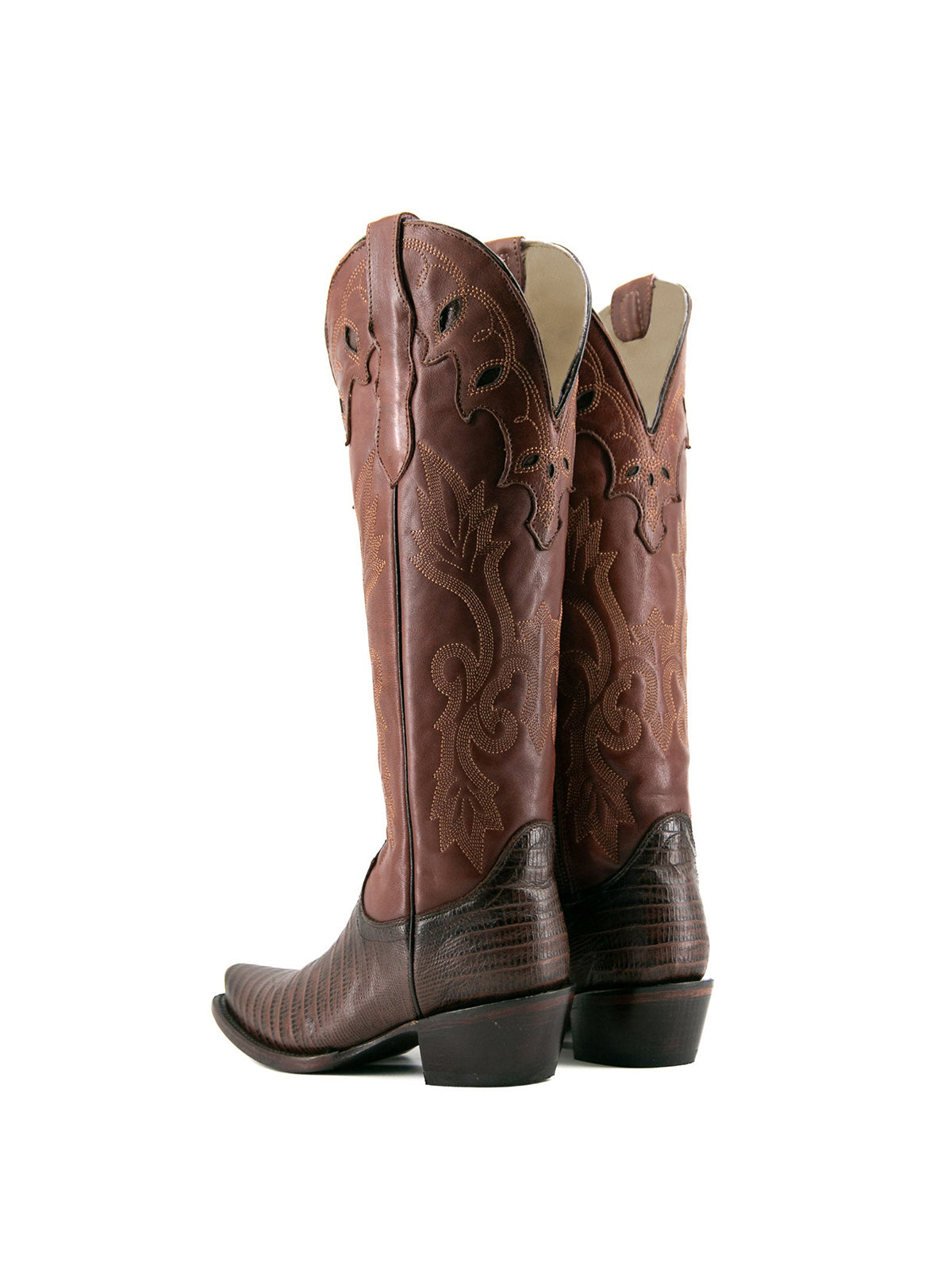 Brown Contrast Vegan Leather And Lizard-Embossed Vegan Leather Snip-Toe Embroidery Half-Zip Knee High Cowgirl Boots