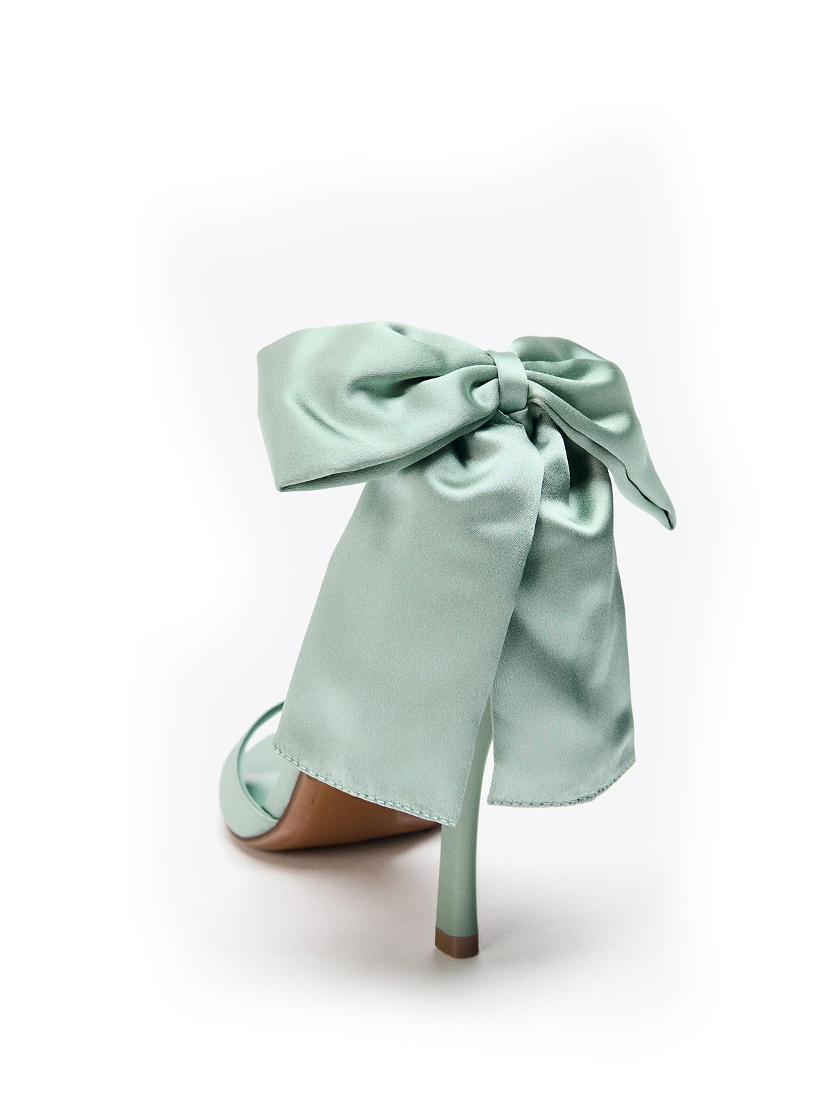 Green Satin Square-Toe Ankle Strap With Bow High Heels
