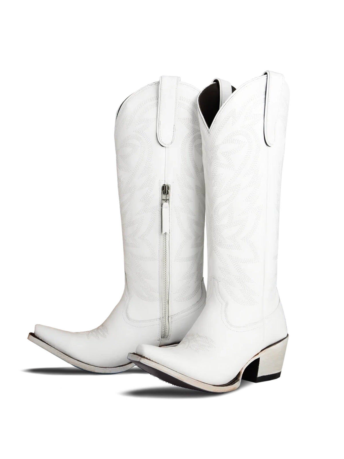 Western Snip-Toe Embroidery Classic Knee High Half-Zip Cowgirl Boots - White