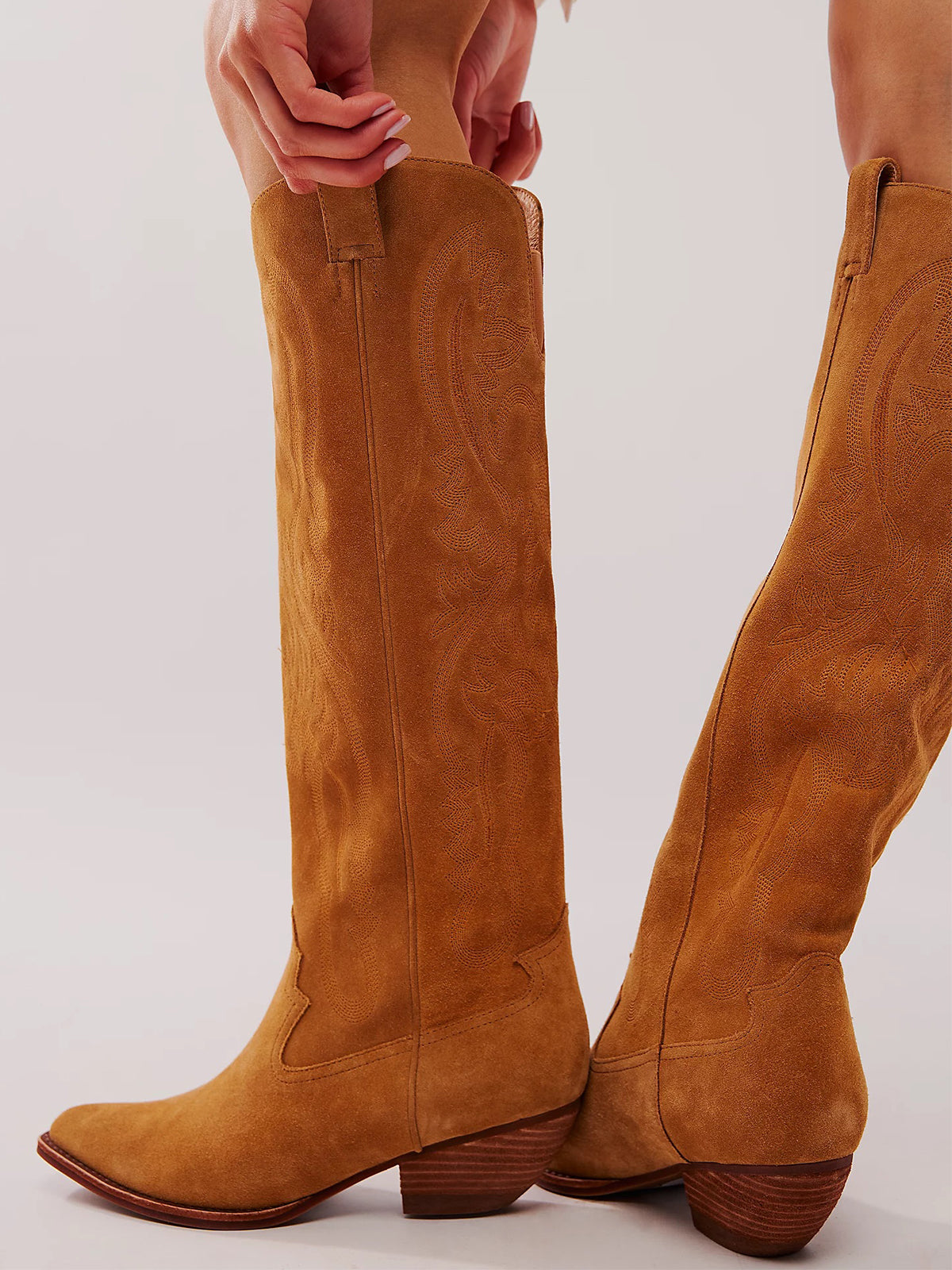 Camel Faux Suede Pointed-Toe Embroidery Wide Calf Knee High Cowgirl Boots For Women