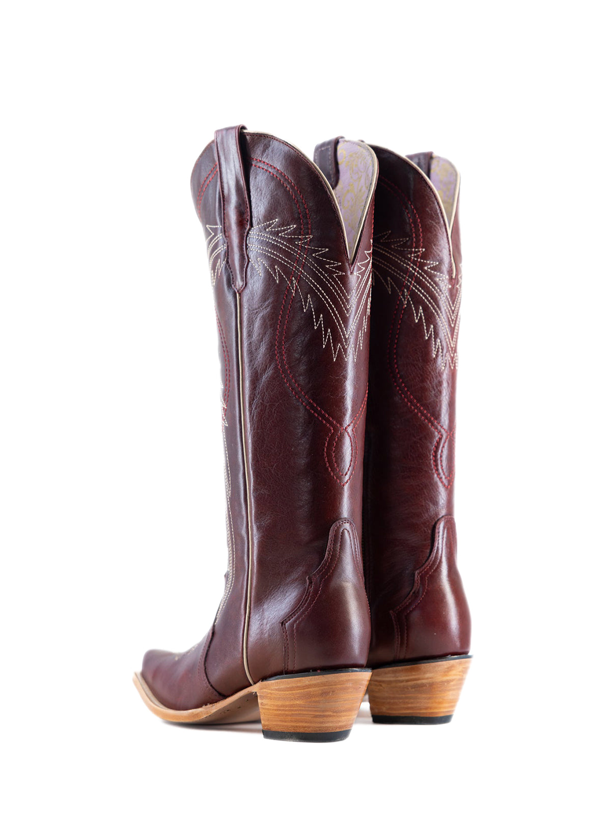 Wine Red Snip-Toe Half-Zip Embroidery Knee High Tall Cowgirl Boots