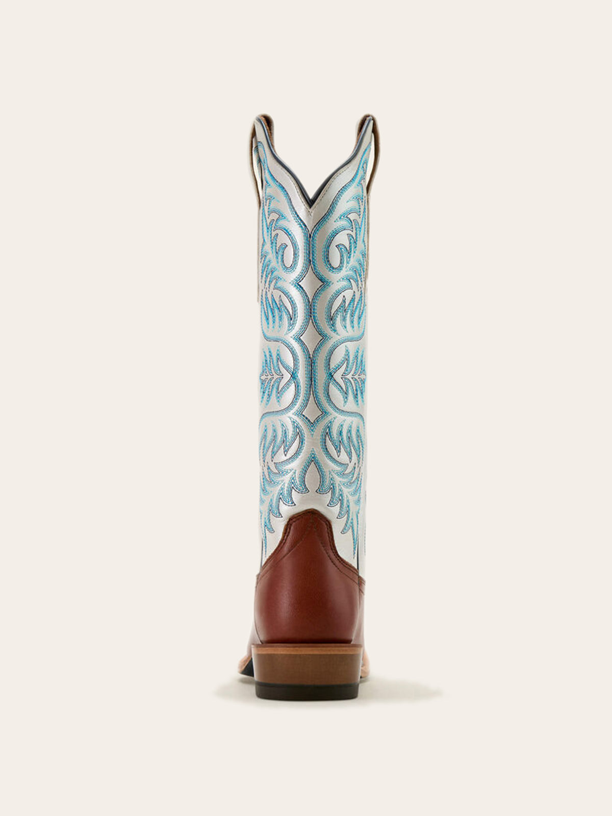 Contrast Cognac And Metallic Ivory Square-Toe Embroidery Wide Mid Calf Cowgirl Boots