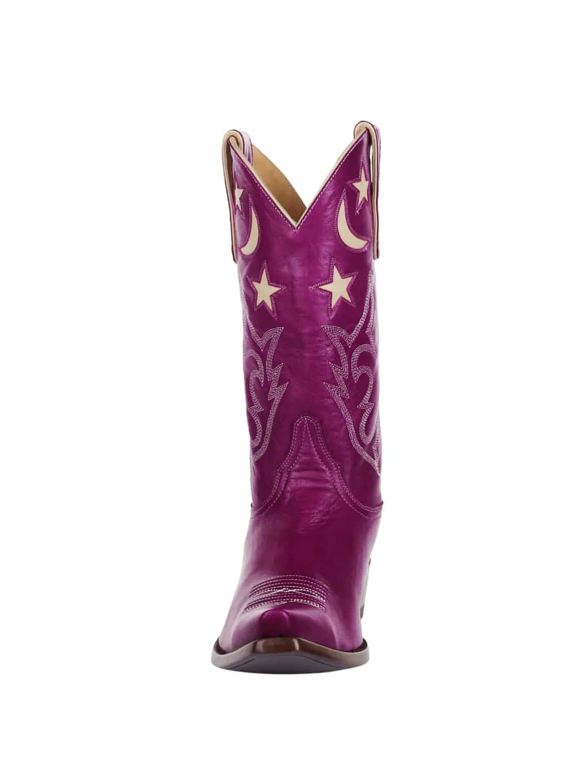 Fuchsia Snip-Toe Moon And Star Inlay Embroidery Mid Calf Cowgirl Boots